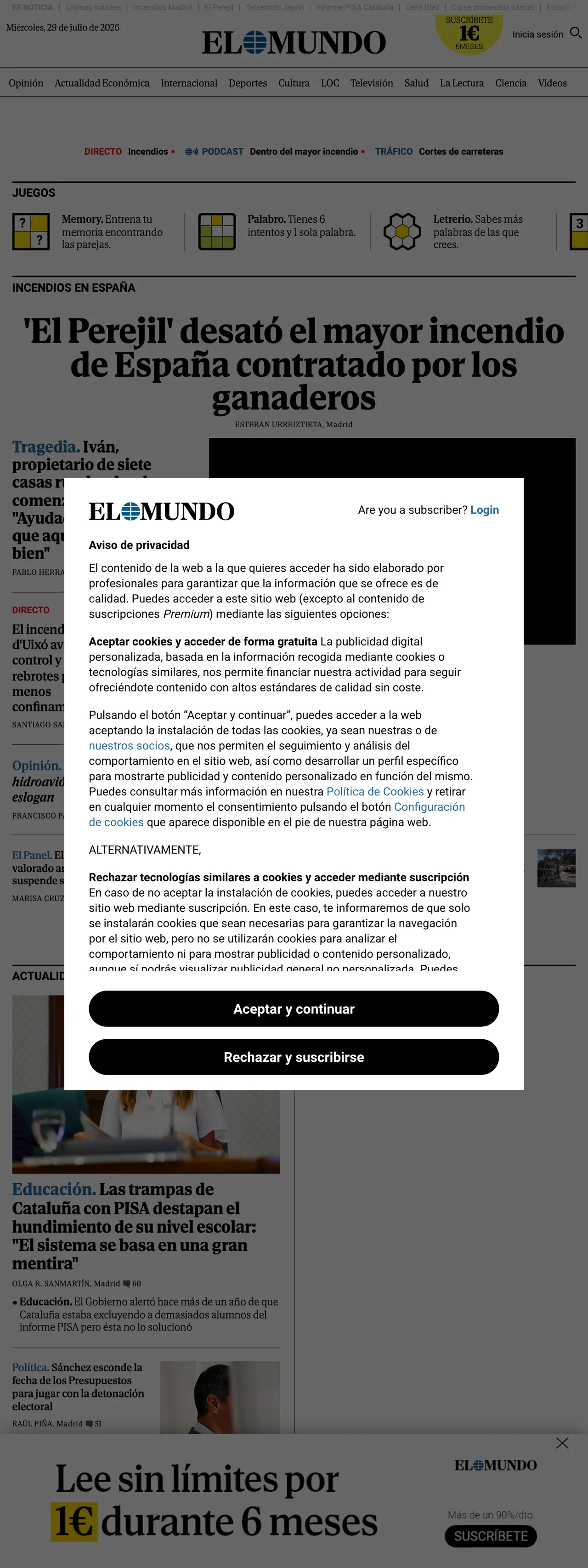 Screenshot of the El Mundo front page