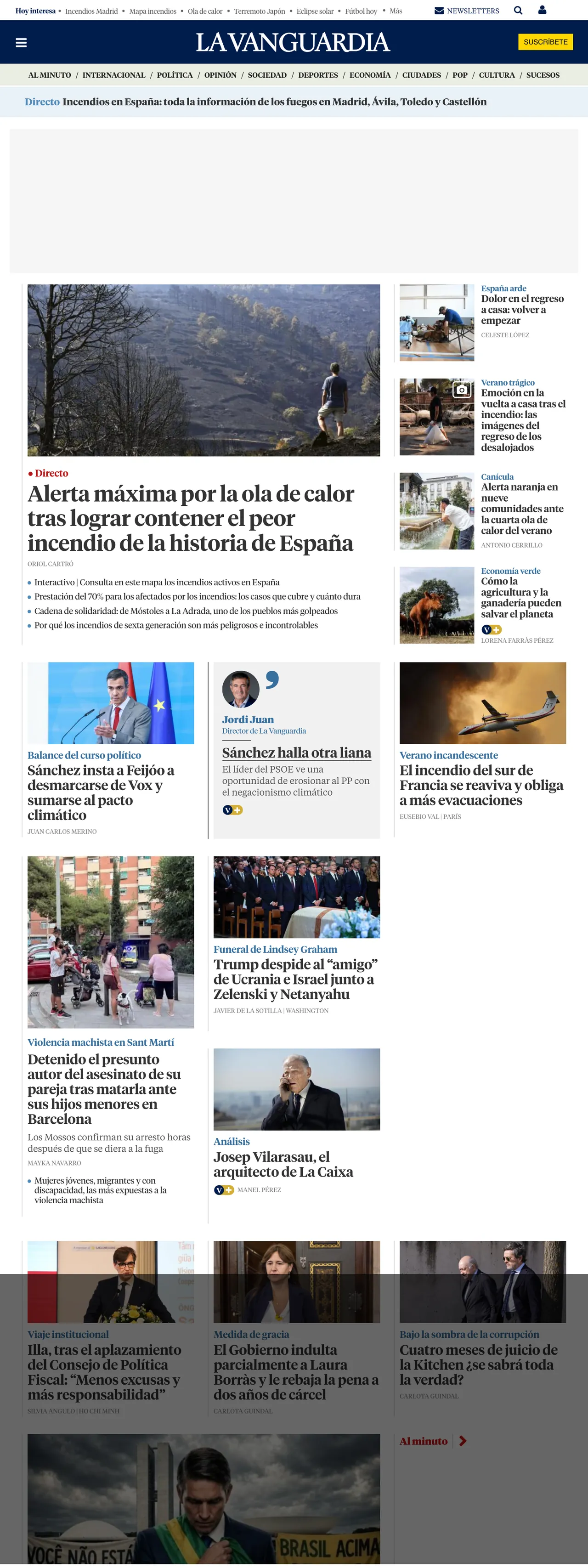 Screenshot of the La Vanguardia front page
