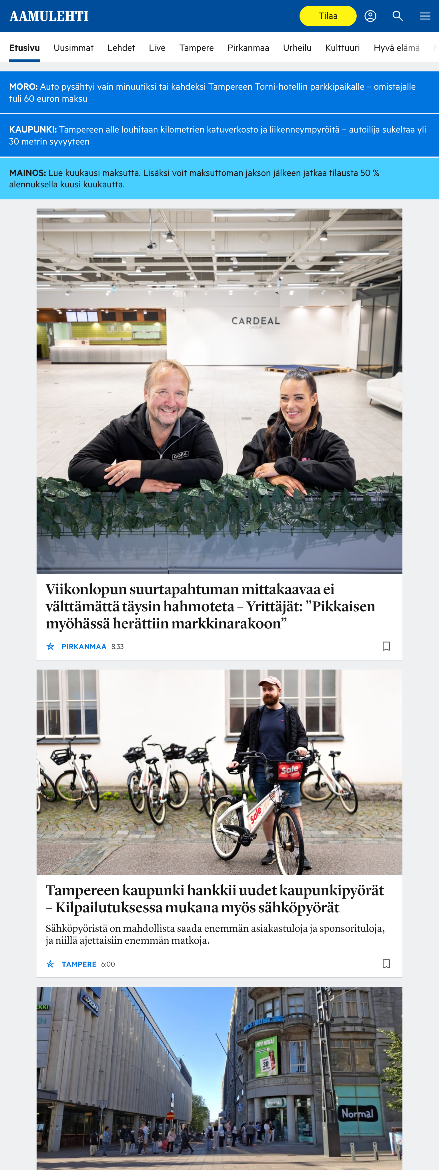 Screenshot of the Aamulehti front page