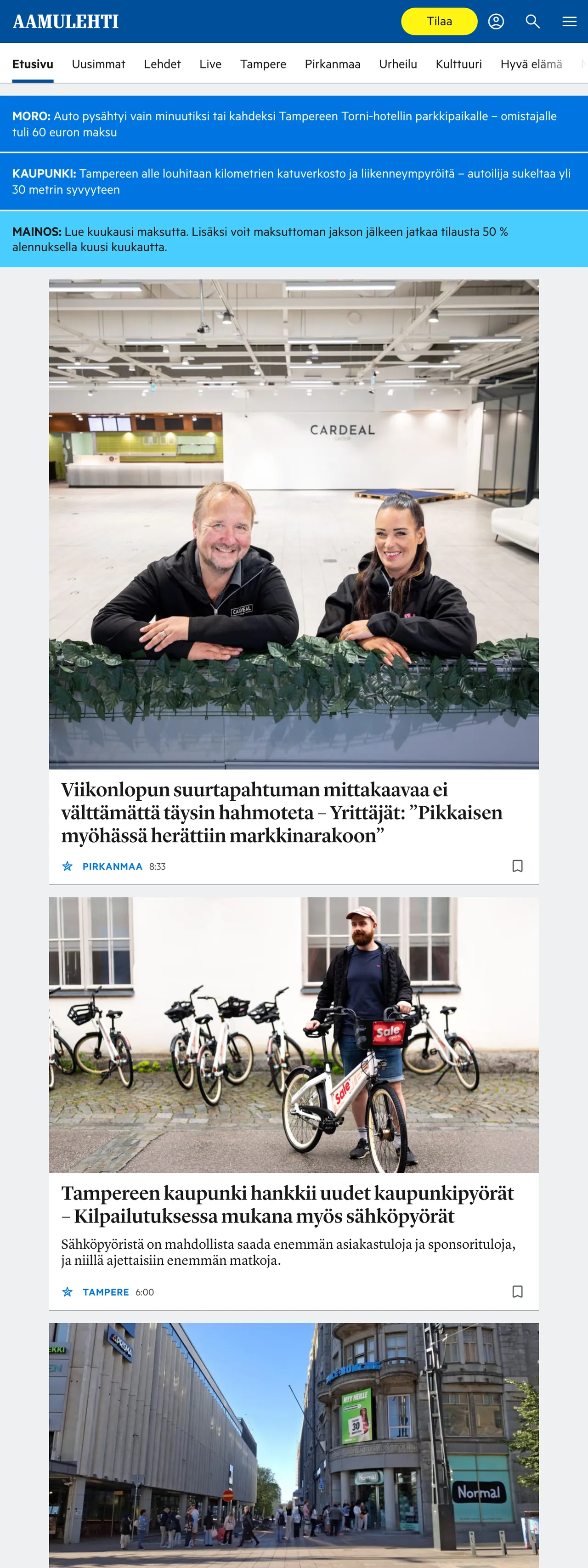 Screenshot of the Aamulehti front page