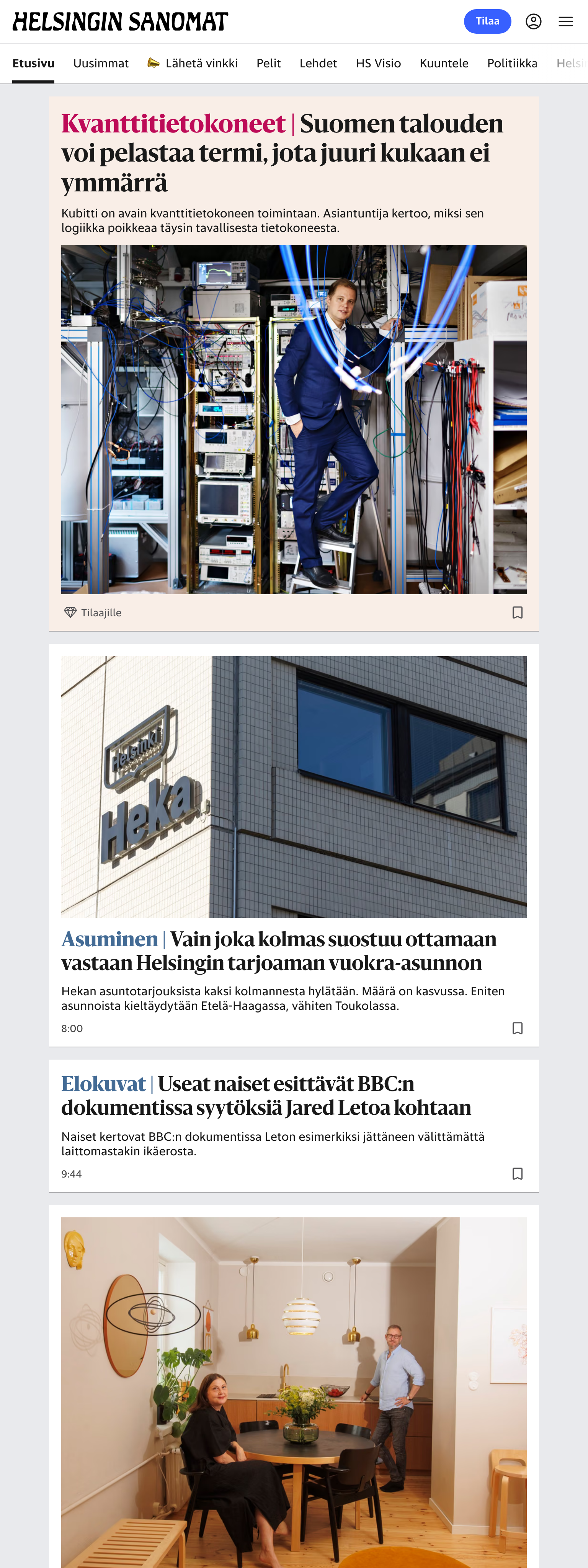 Screenshot of the Helsingin Sanomat front page