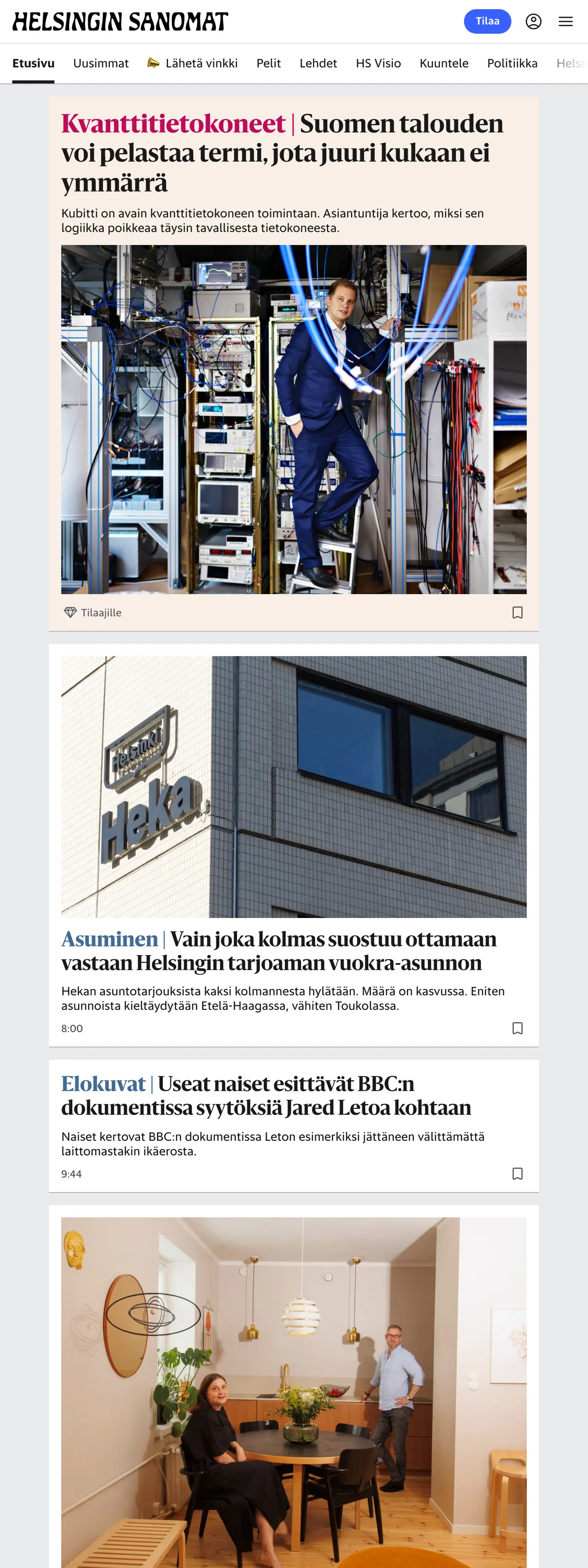Screenshot of the Helsingin Sanomat front page