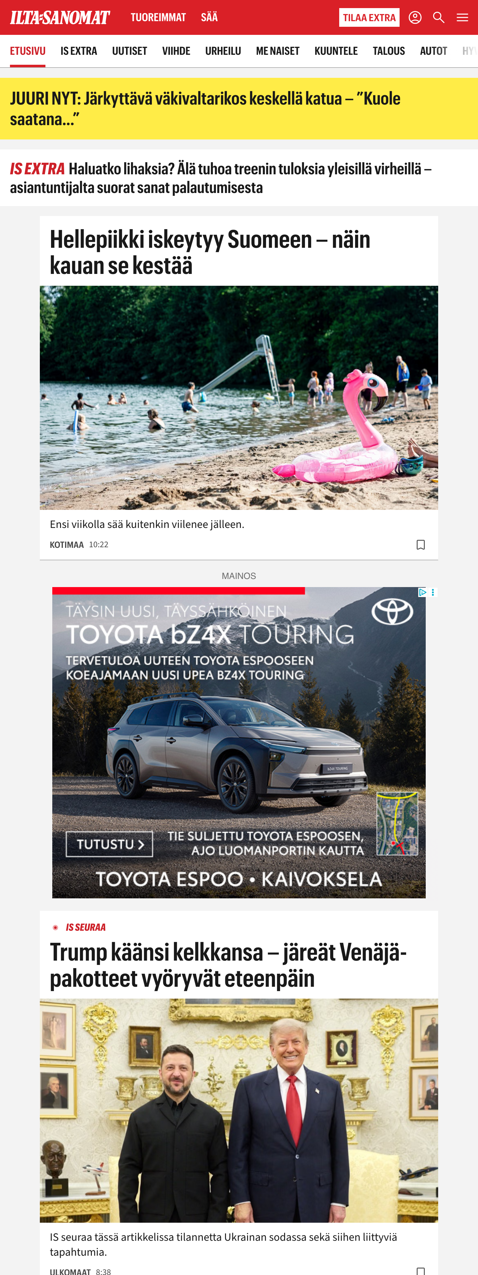 Screenshot of the Ilta-Sanomat front page