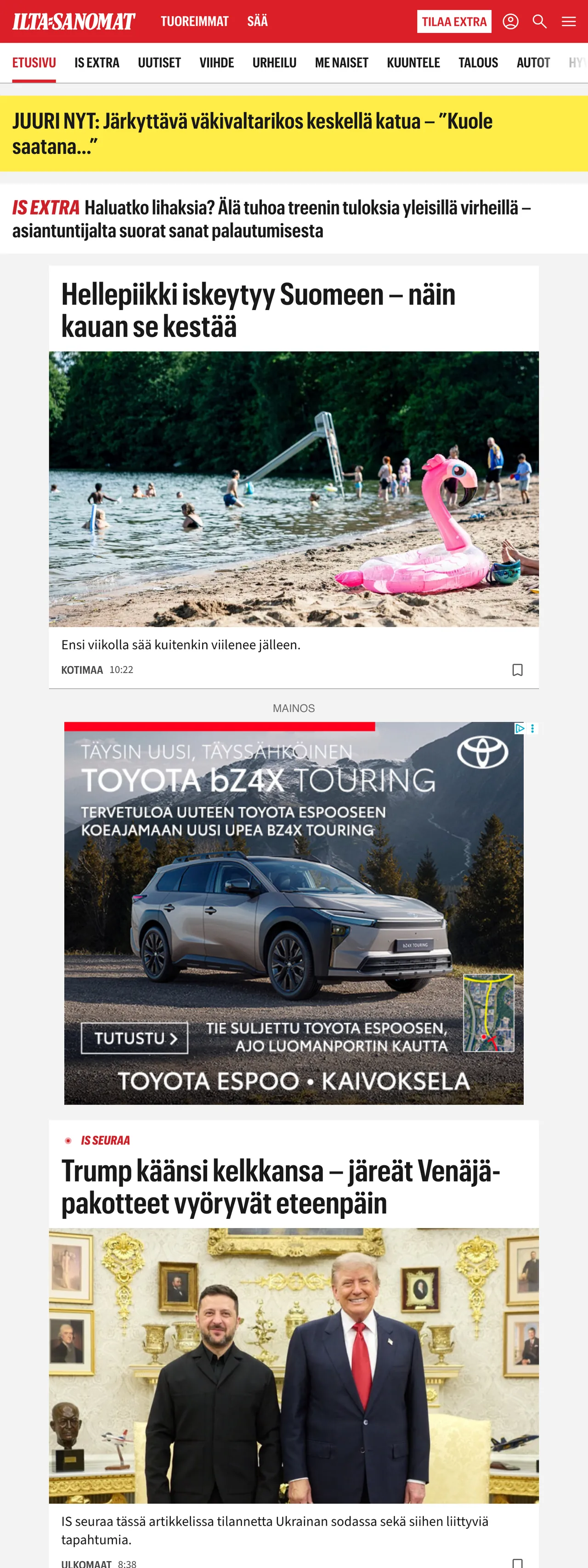 Screenshot of the Ilta-Sanomat front page