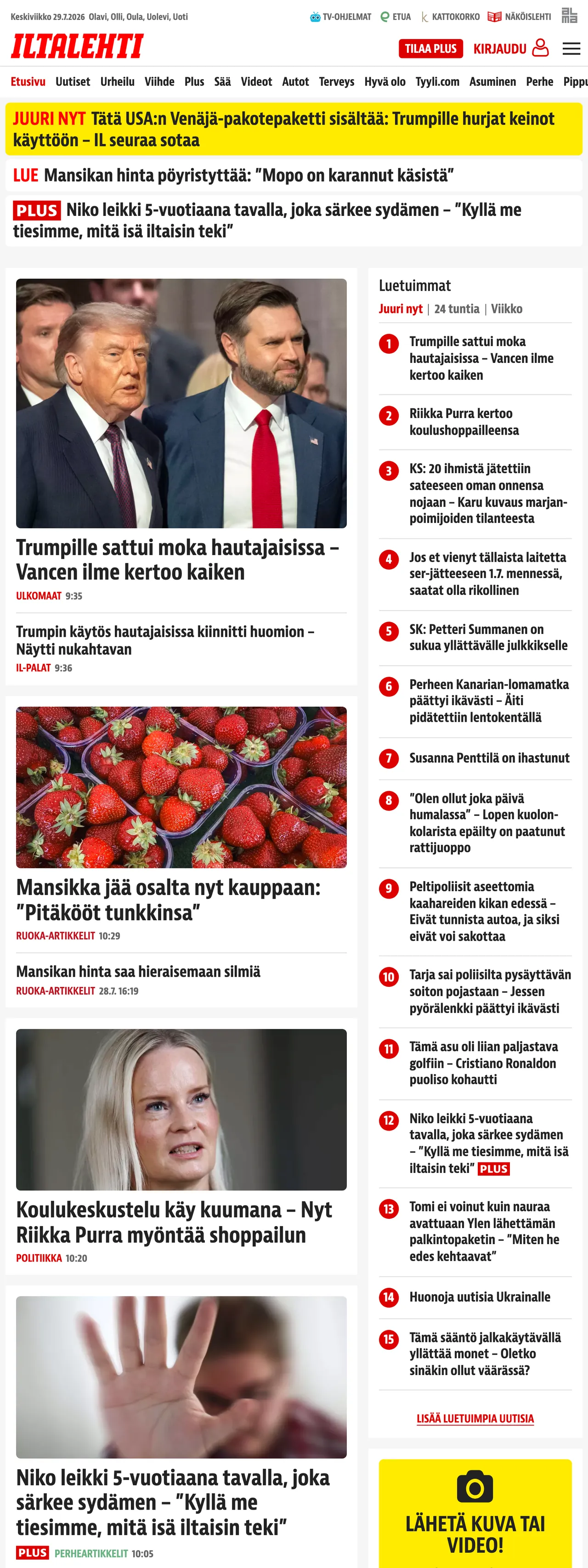 Screenshot of the Iltalehti front page