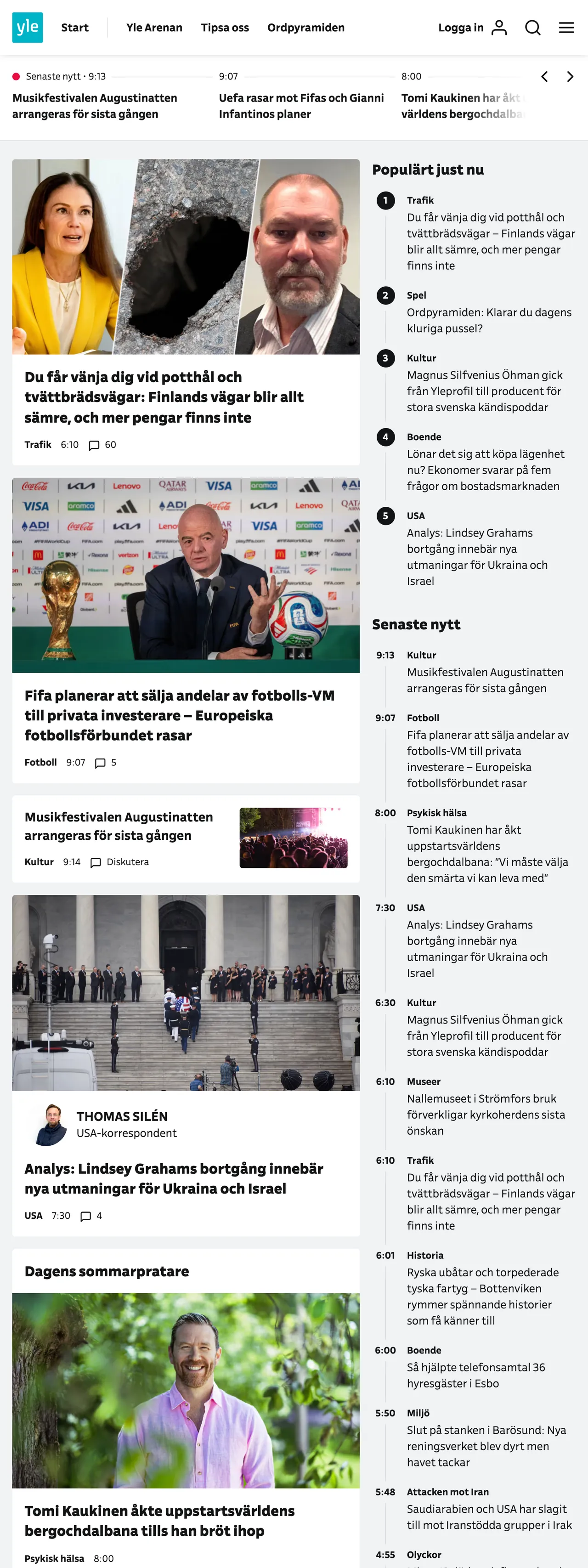 Screenshot of the Svenska Yle front page