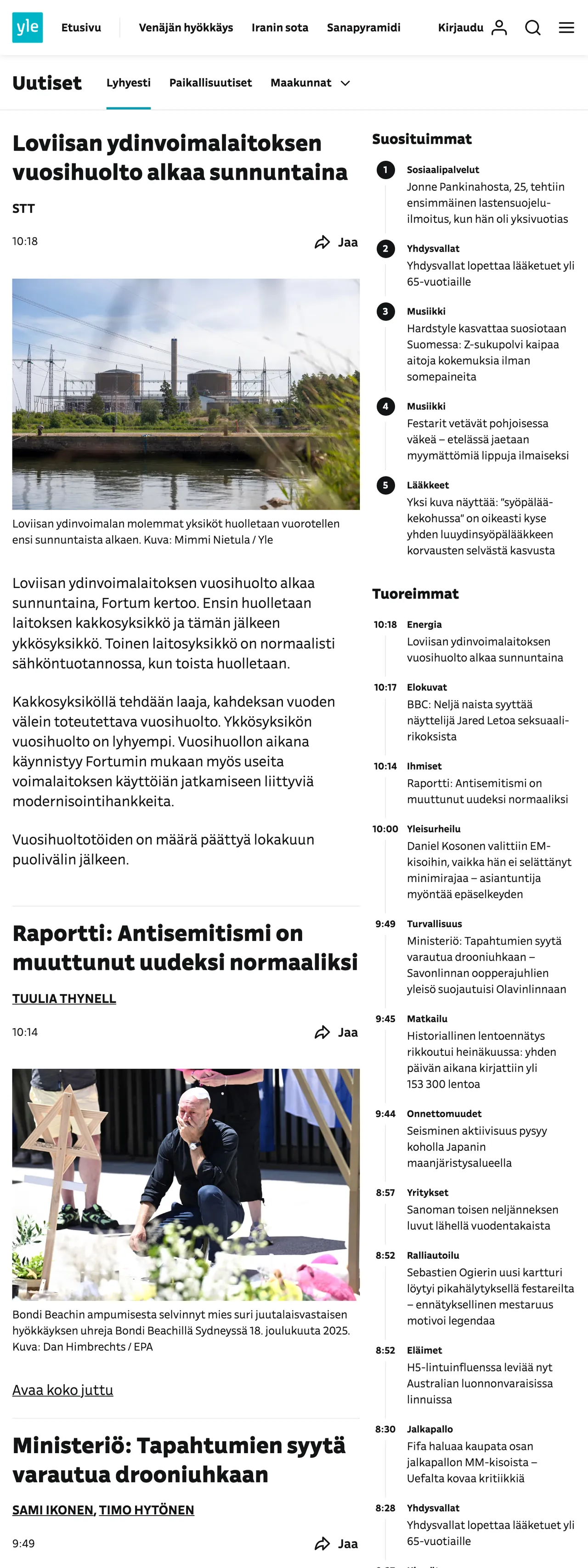 Screenshot of the Yle front page