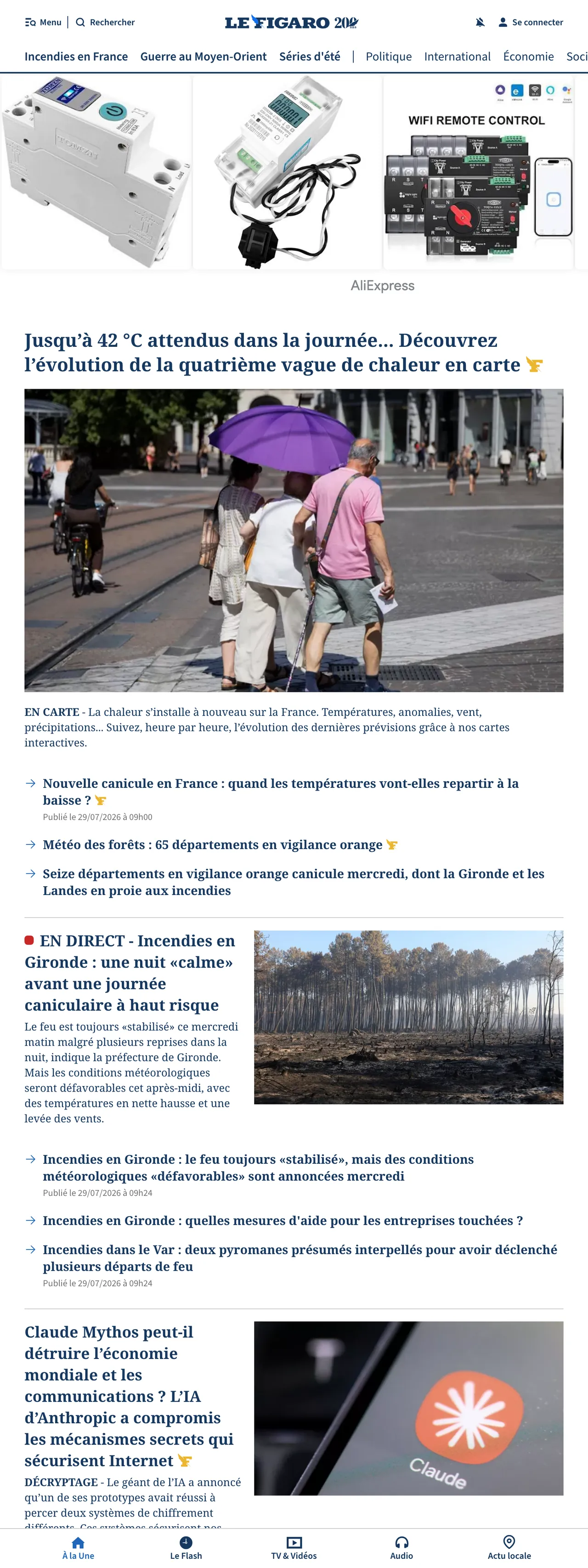 Screenshot of the Le Figaro front page