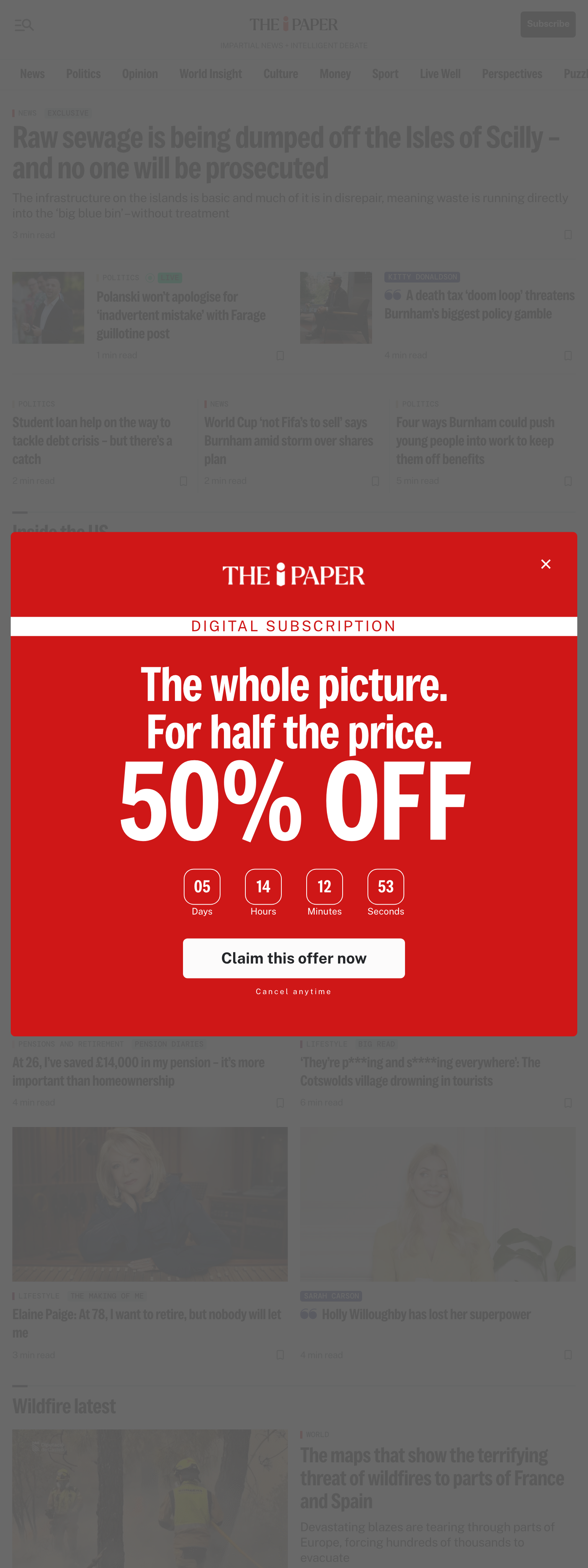 Screenshot of the The i Paper front page
