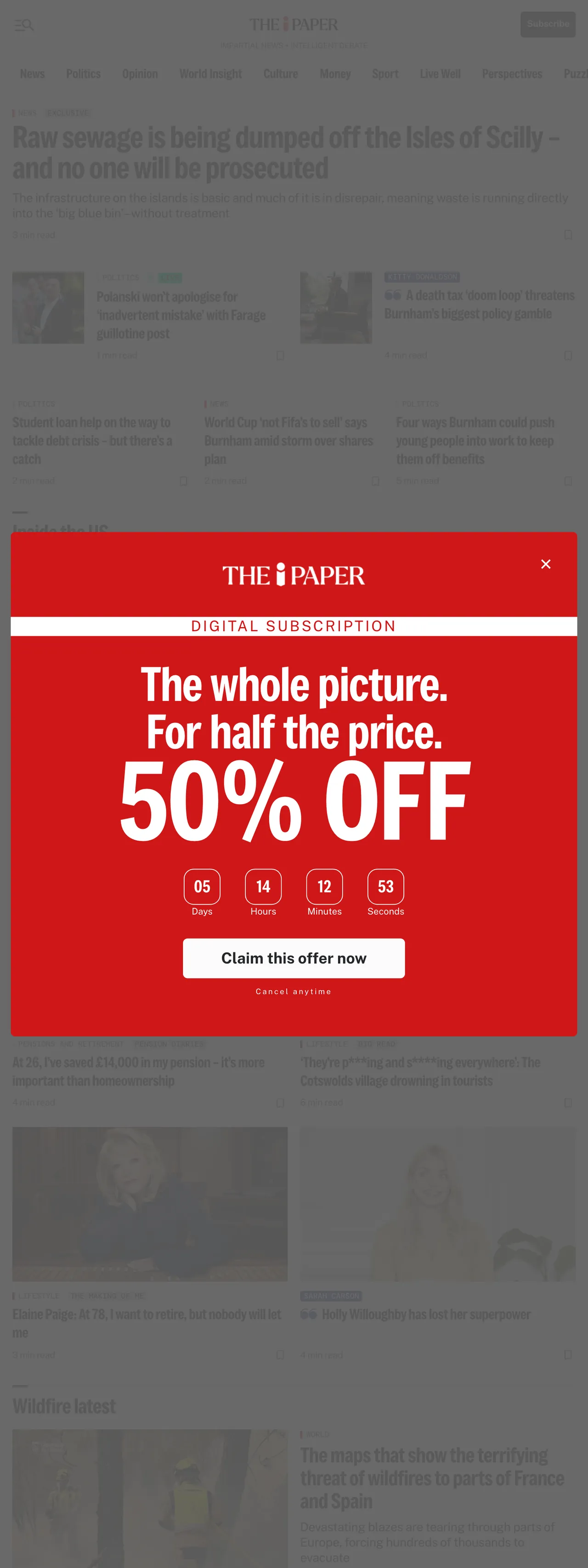 Screenshot of the The i Paper front page