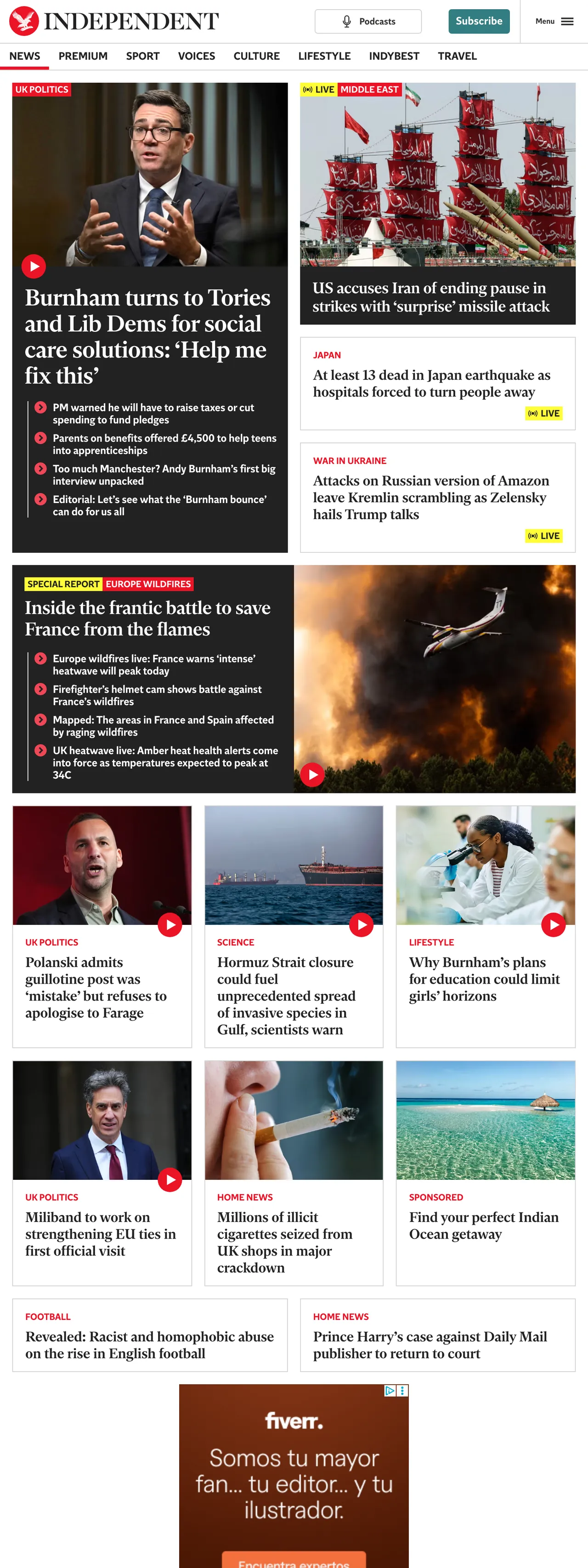 Screenshot of the The Independent front page