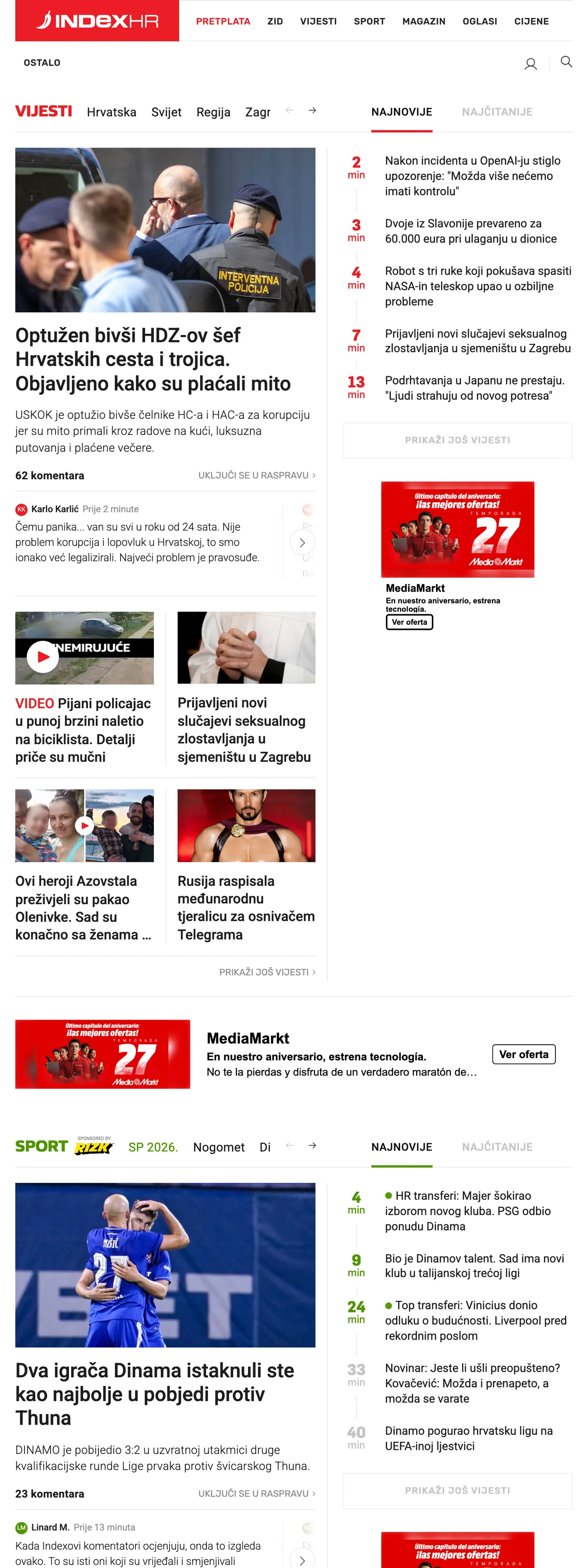 Screenshot of the Index.hr front page
