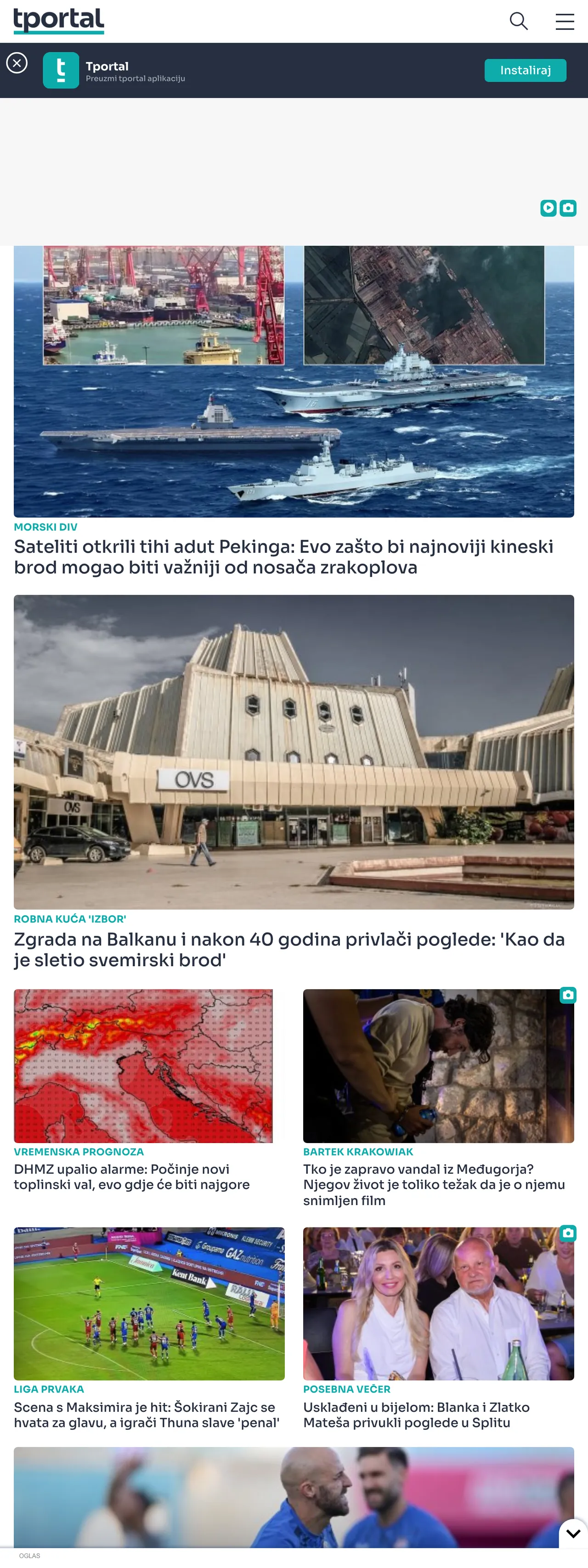 Screenshot of the tportal front page