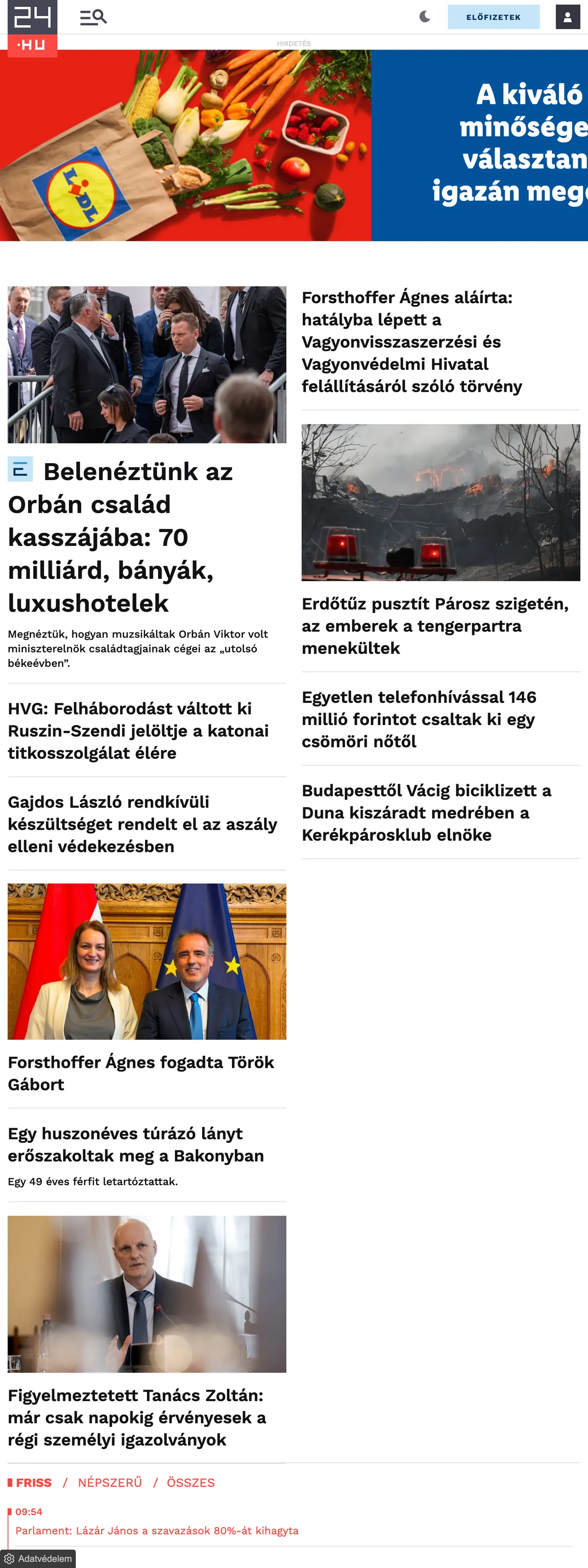 Screenshot of the 24.hu front page