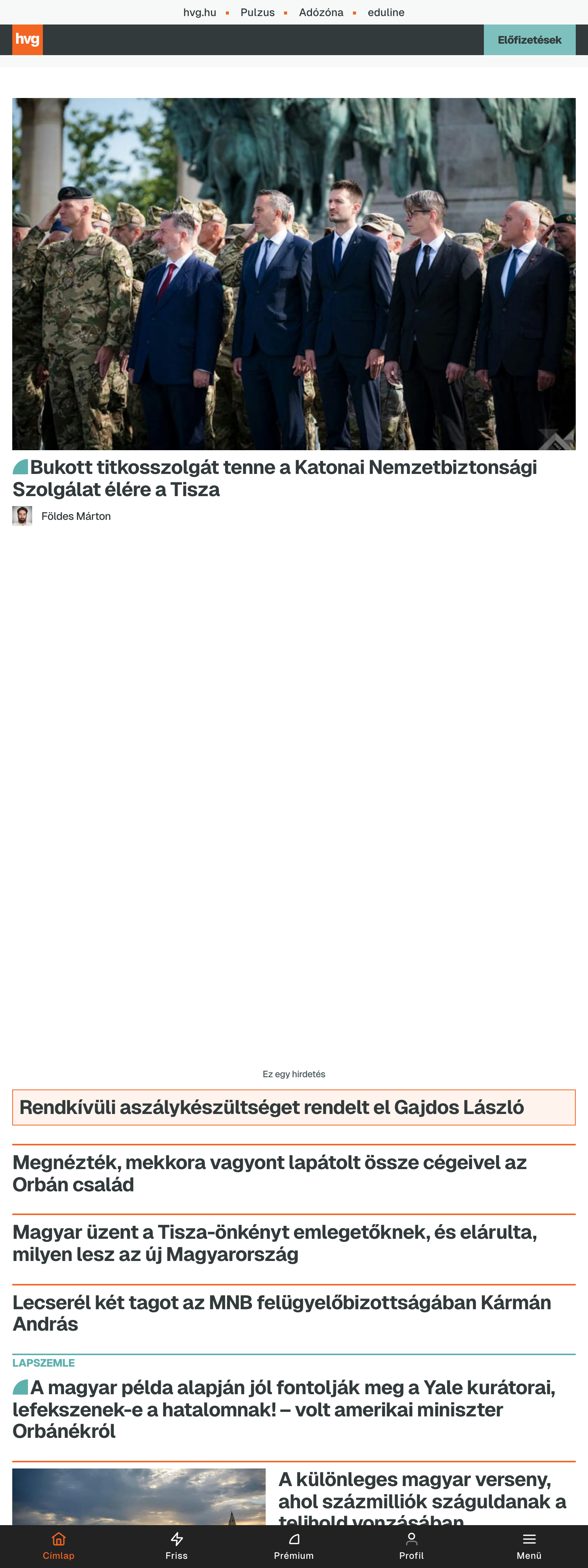 Screenshot of the HVG front page