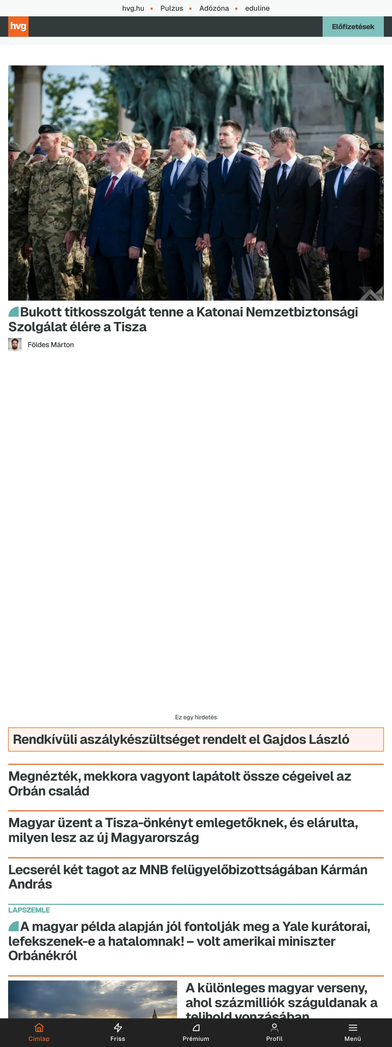 Screenshot of the HVG front page