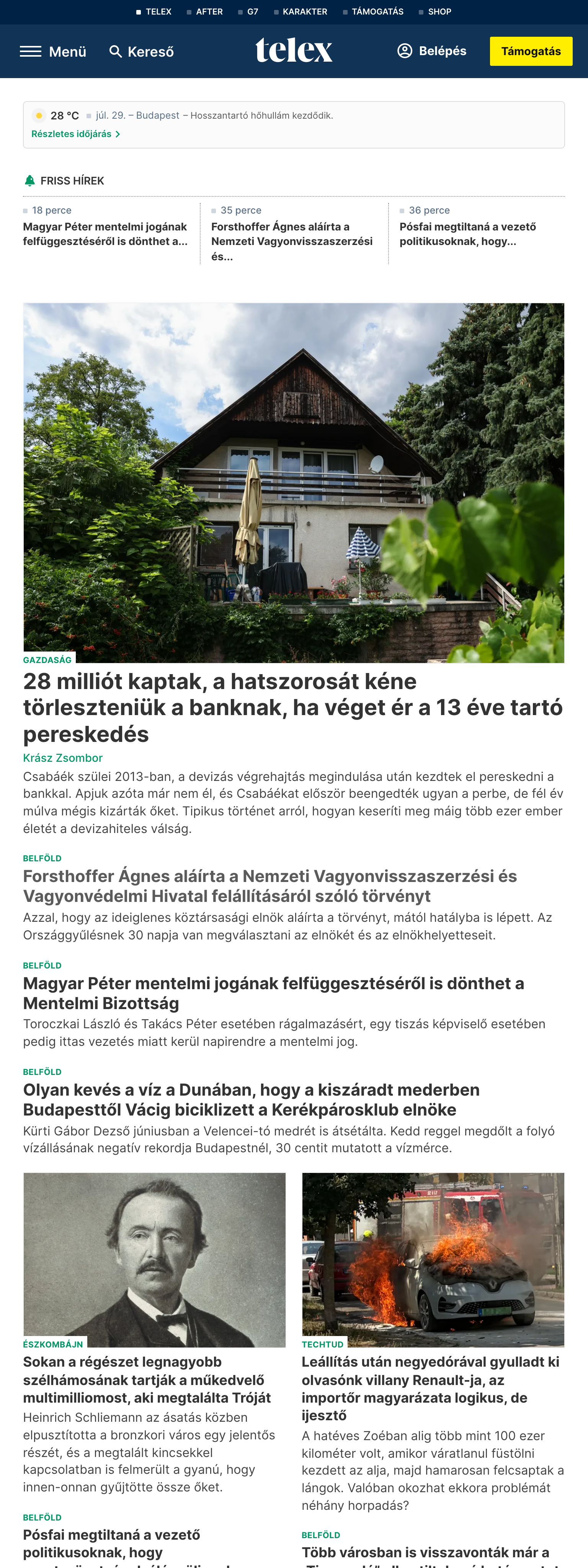 Screenshot of the Telex front page