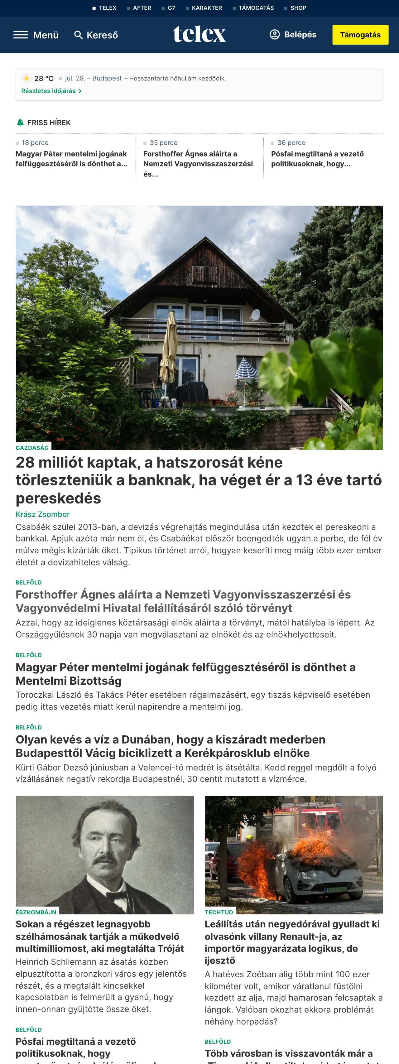 Screenshot of the Telex front page
