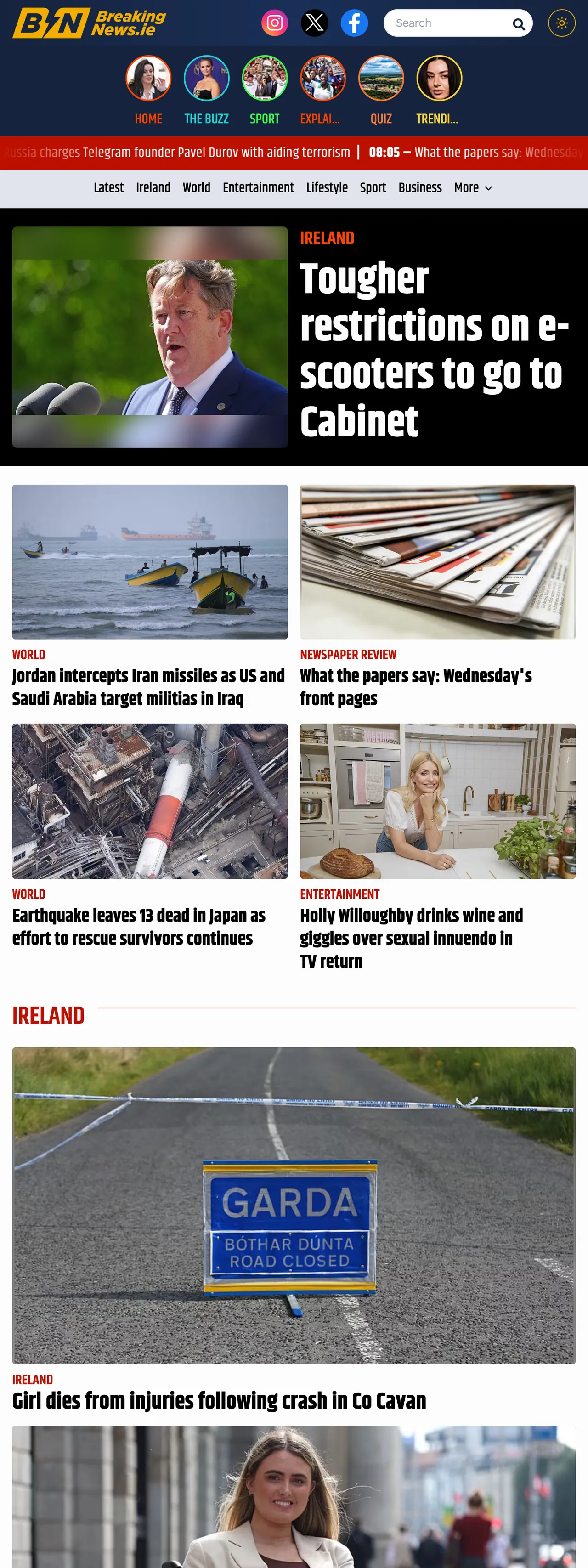 Screenshot of the BreakingNews.ie front page