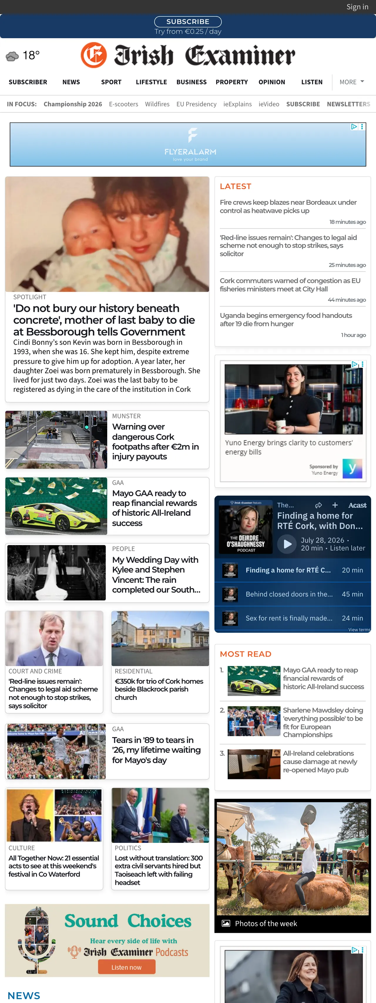 Screenshot of the Irish Examiner front page