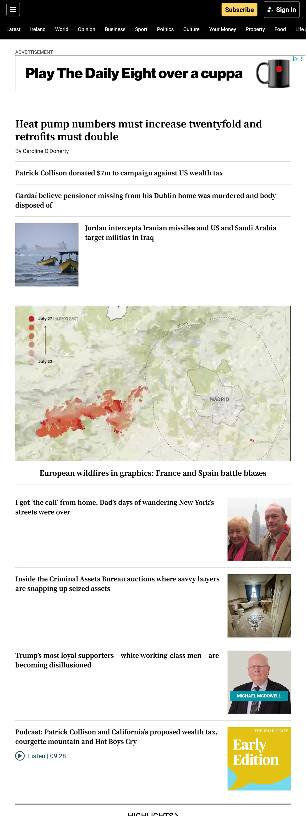 Screenshot of the The Irish Times front page