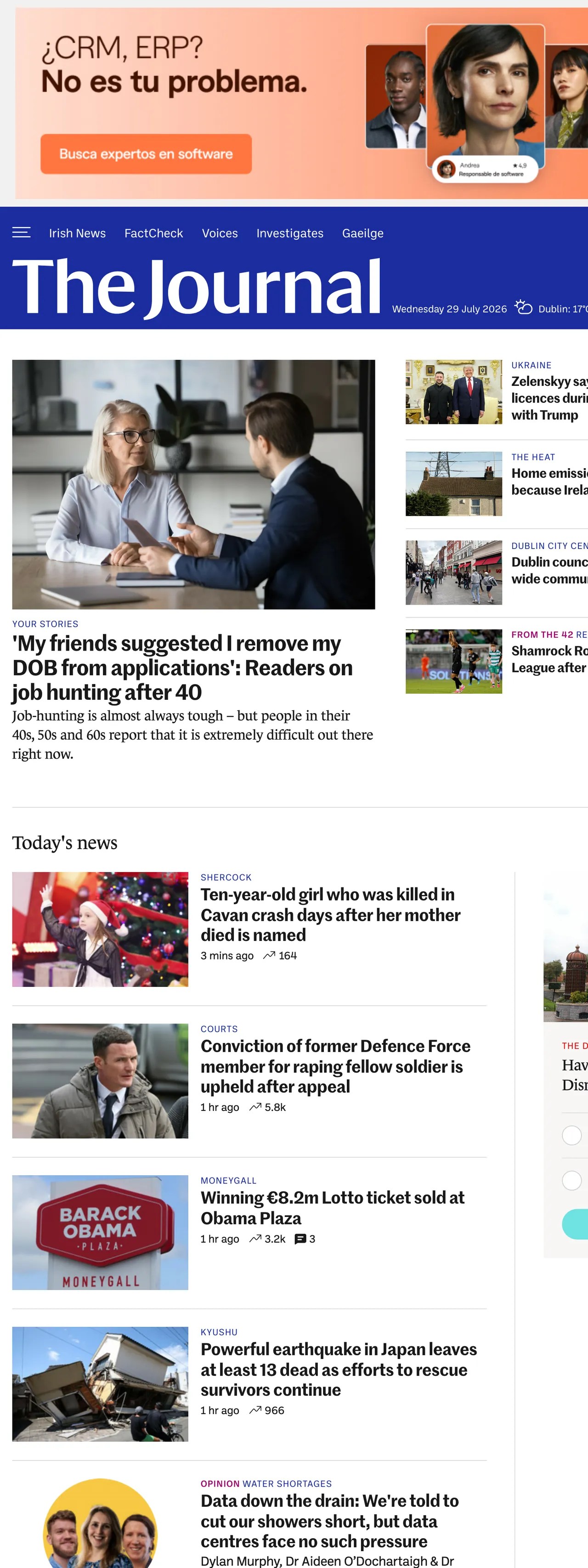Screenshot of the TheJournal.ie front page