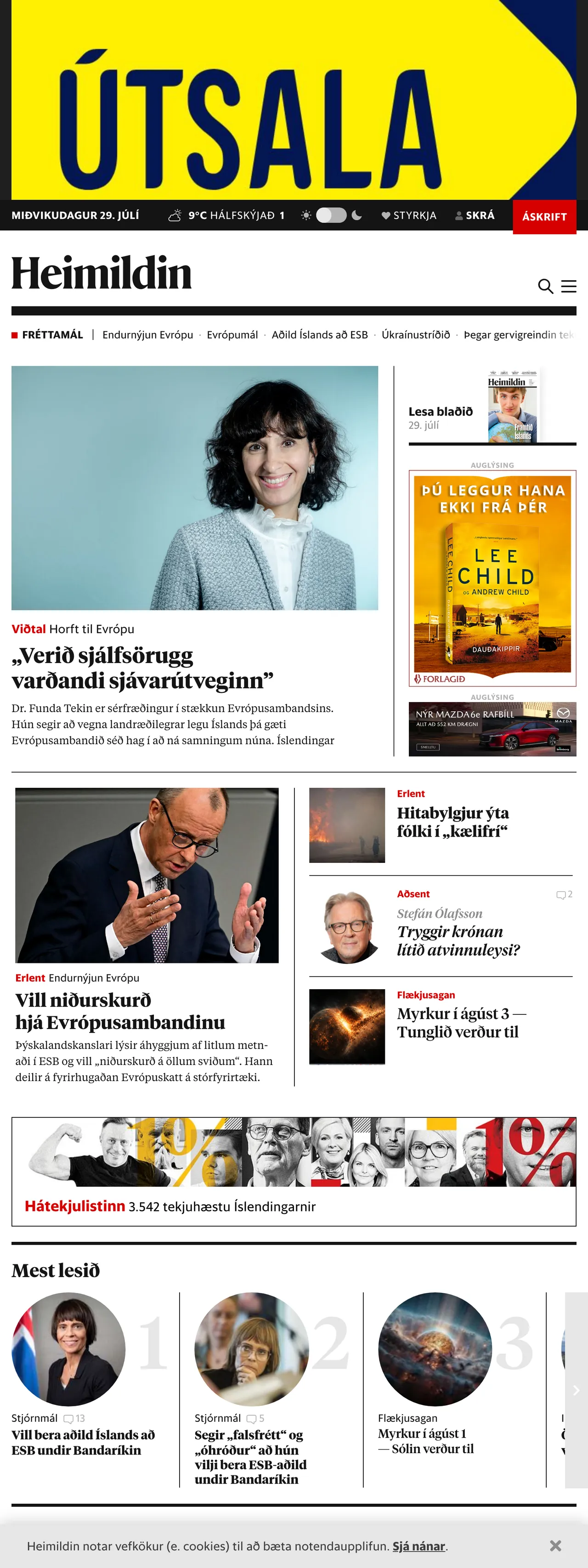 Screenshot of the Kjarninn front page