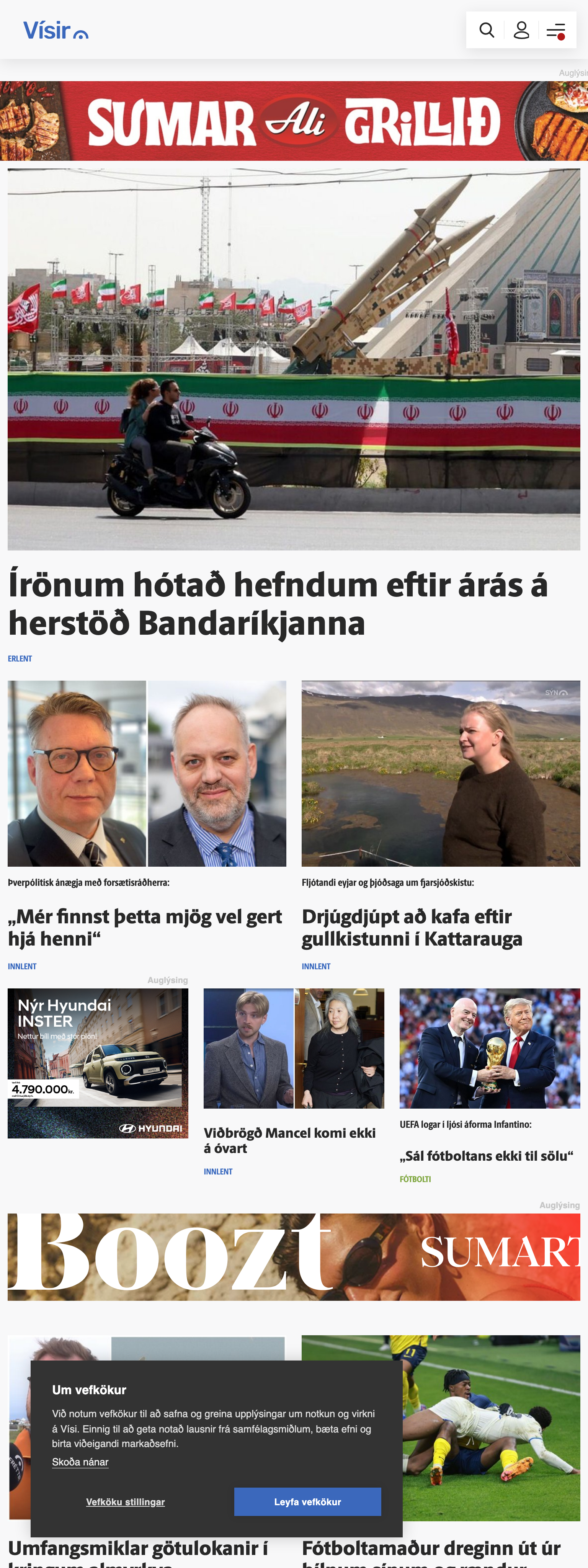 Screenshot of the Vísir front page