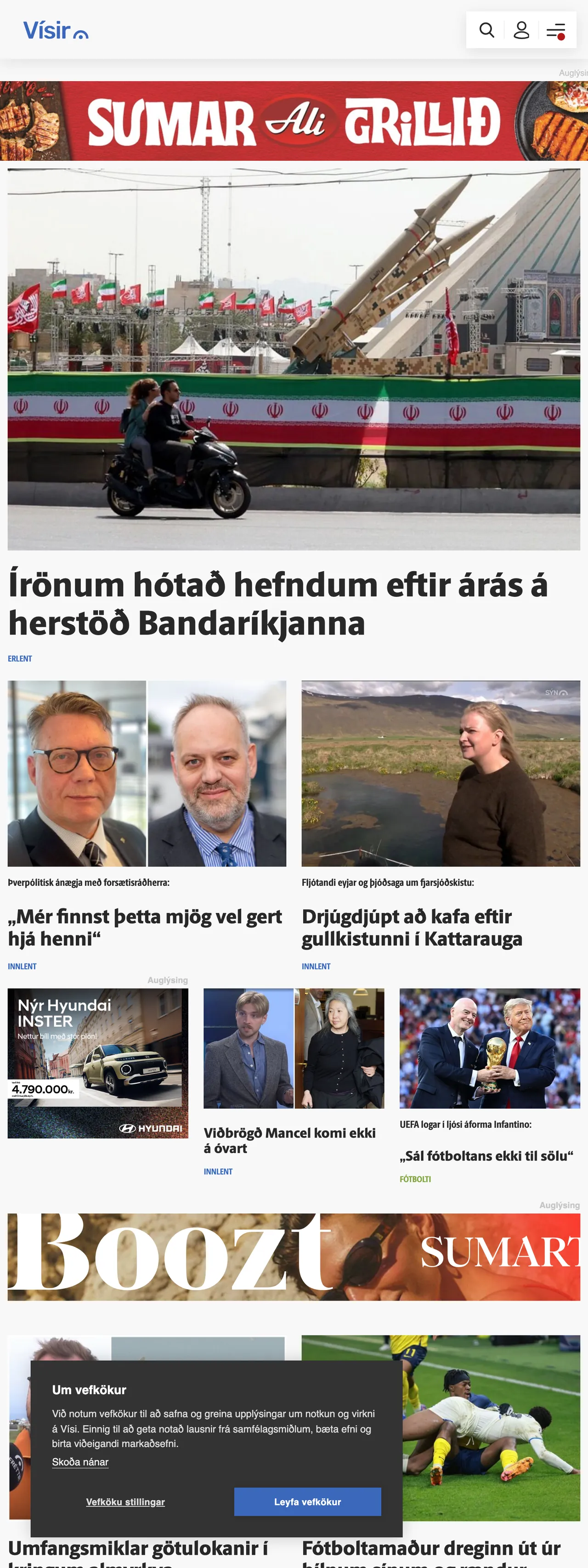 Screenshot of the Vísir front page