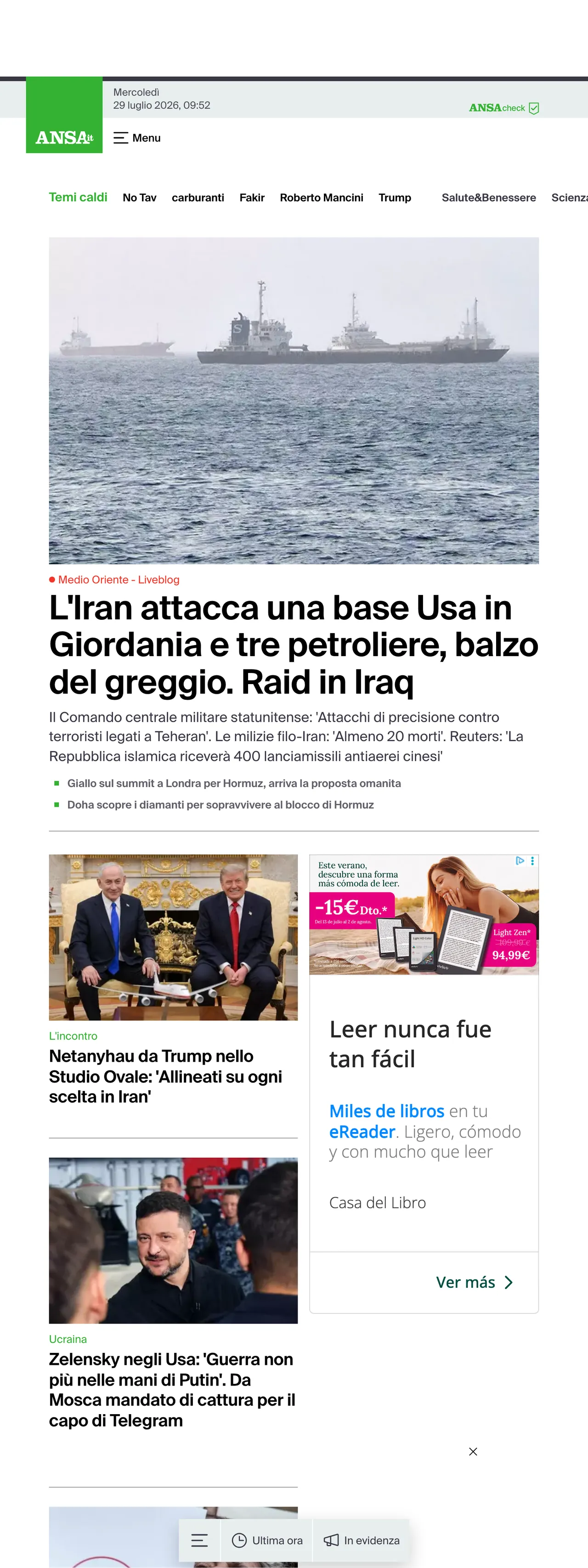 Screenshot of the ANSA front page