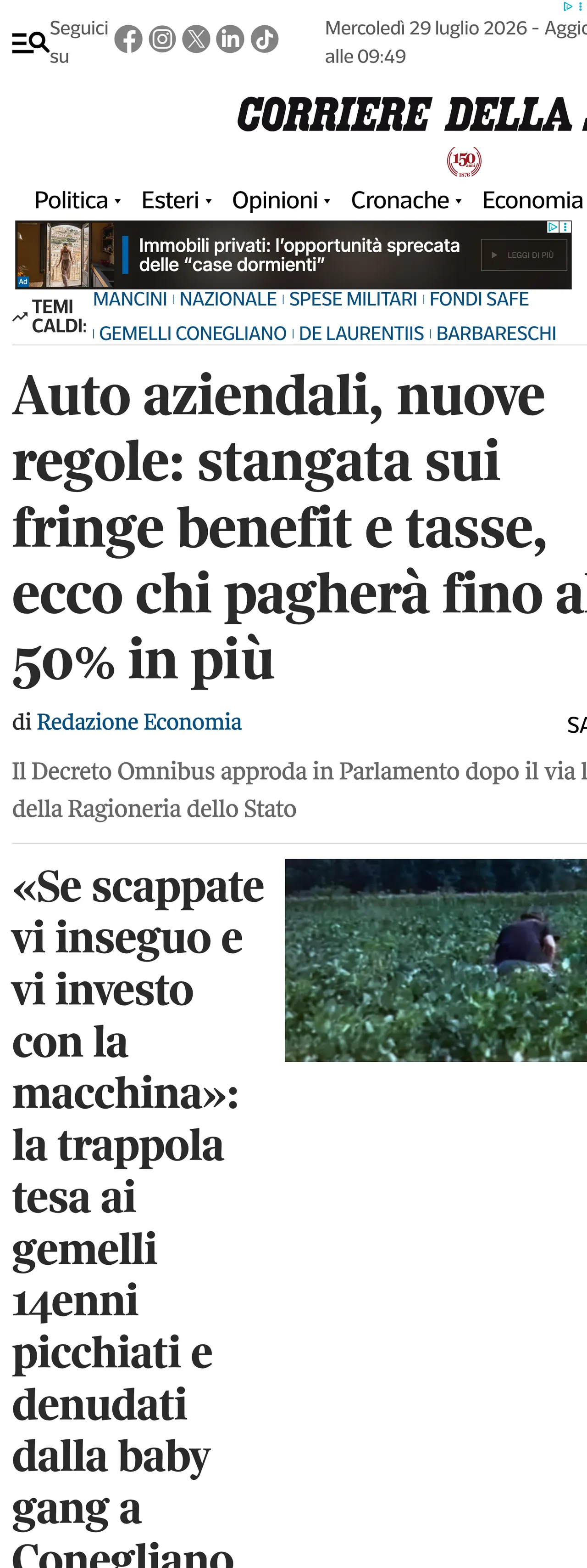 Screenshot of the Corriere della Sera front page