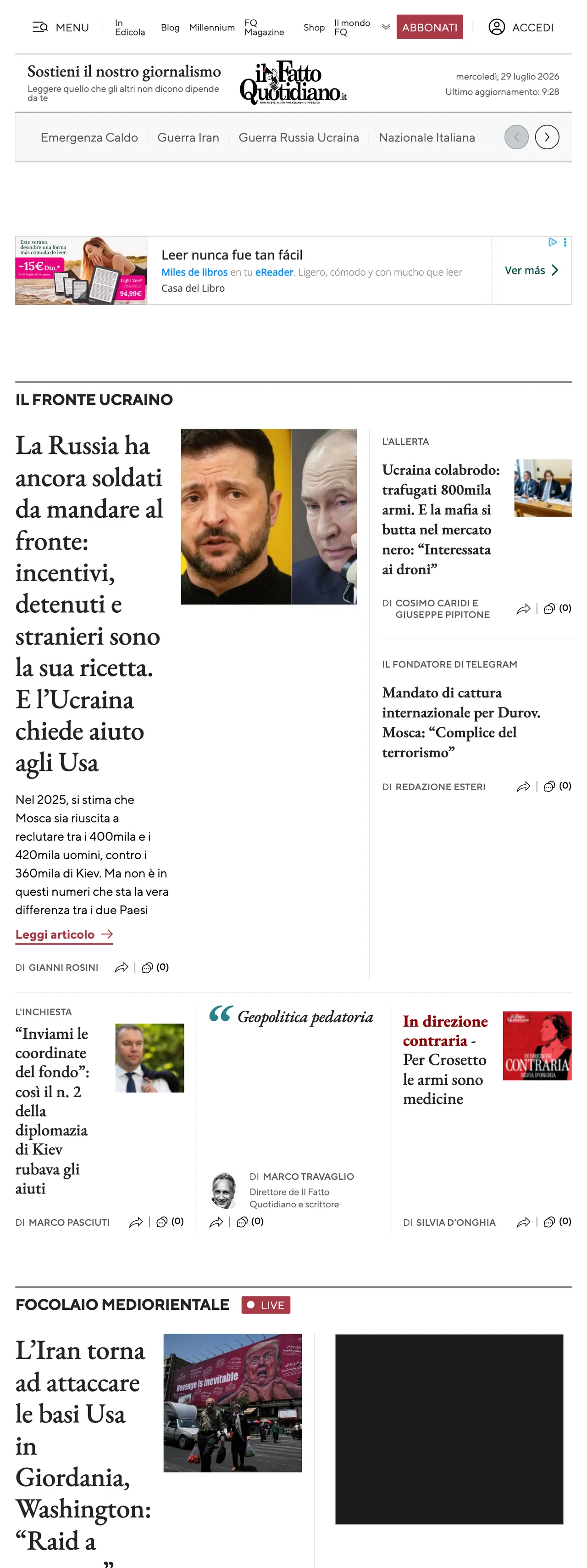 Screenshot of the Il Fatto Quotidiano front page