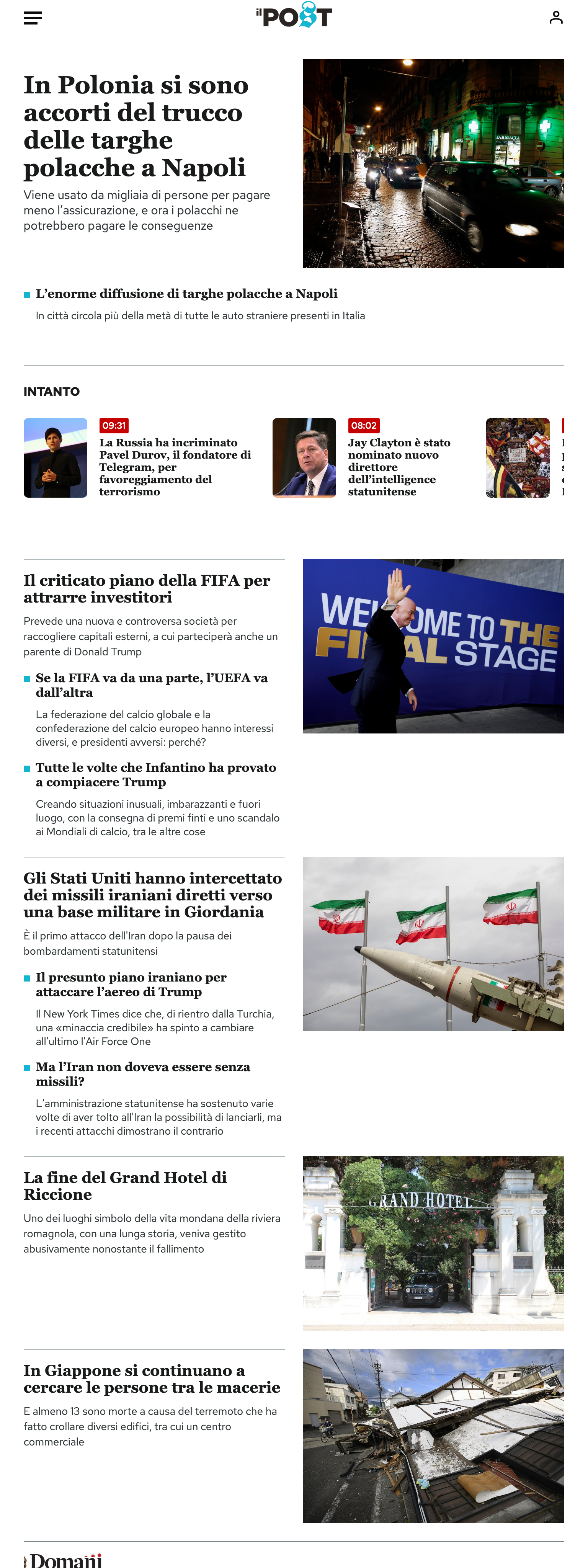 Screenshot of the Il Post front page