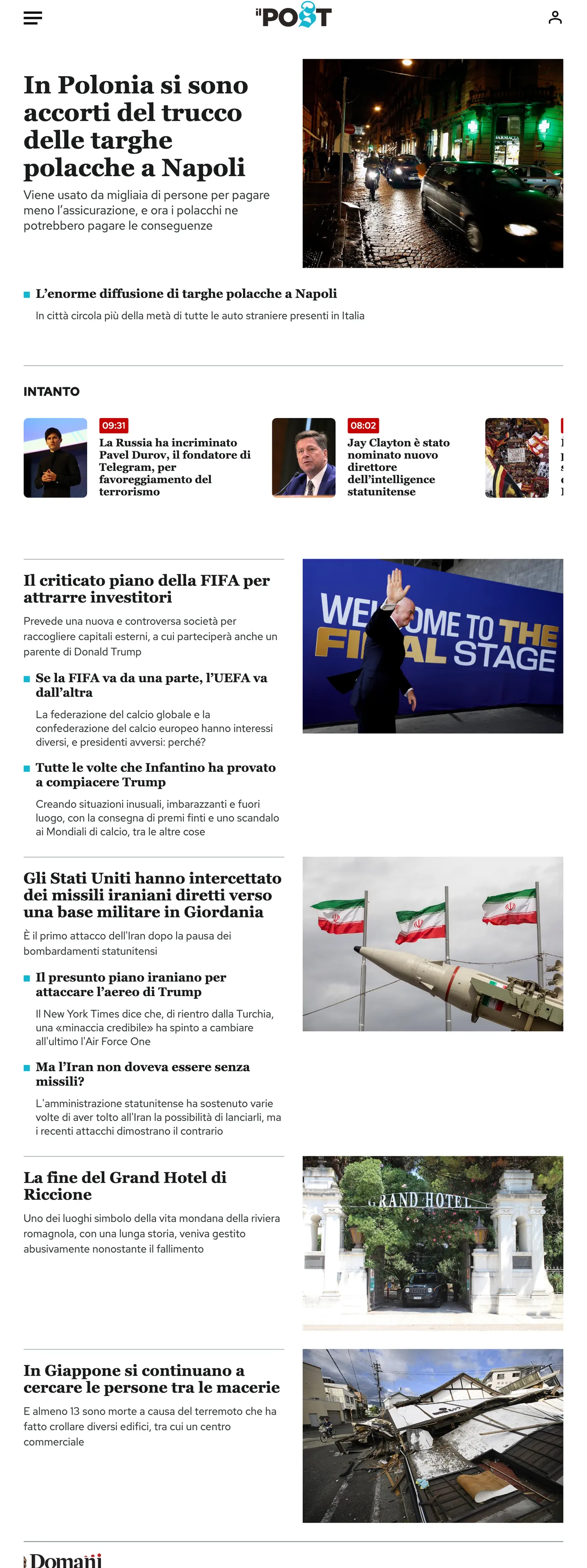 Screenshot of the Il Post front page