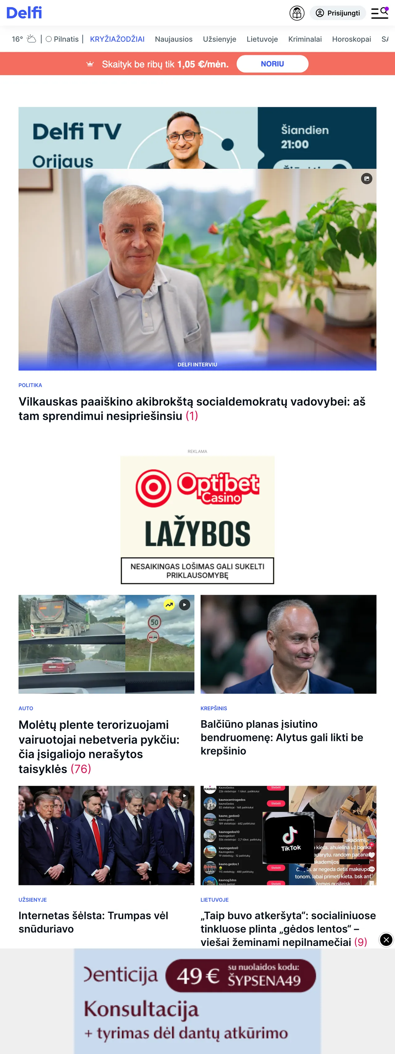 Screenshot of the Delfi front page