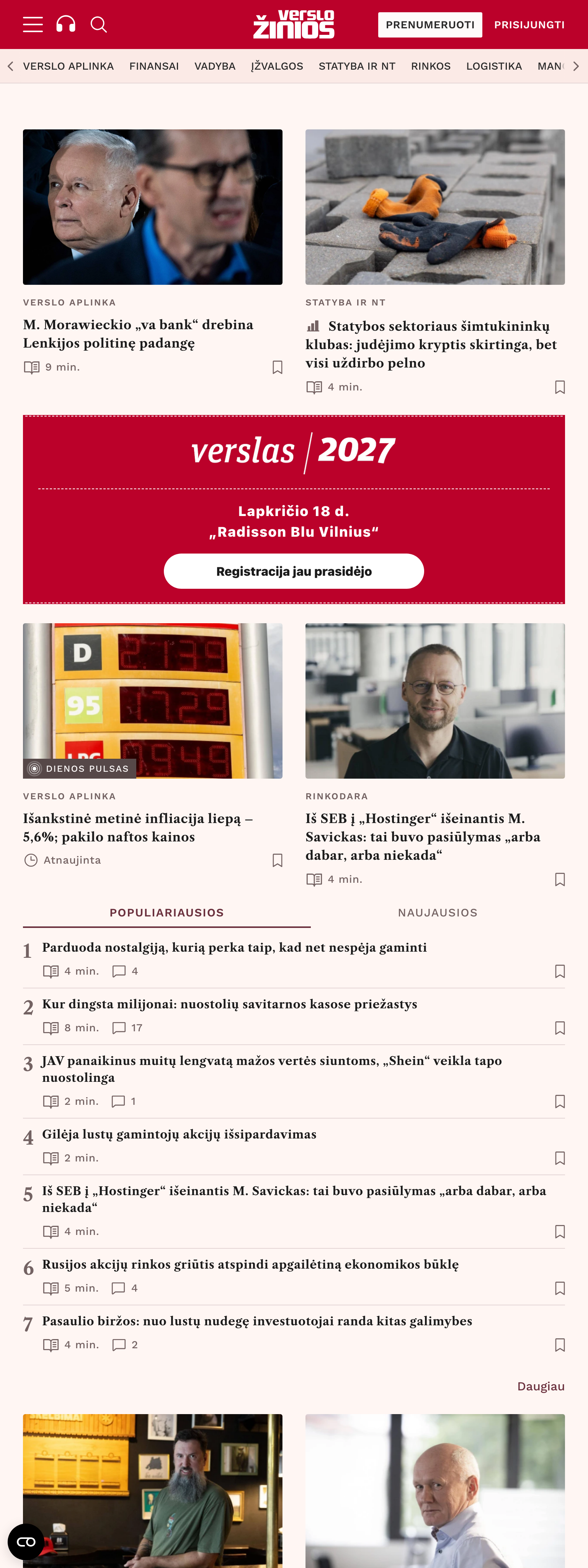Screenshot of the Verslo žinios front page