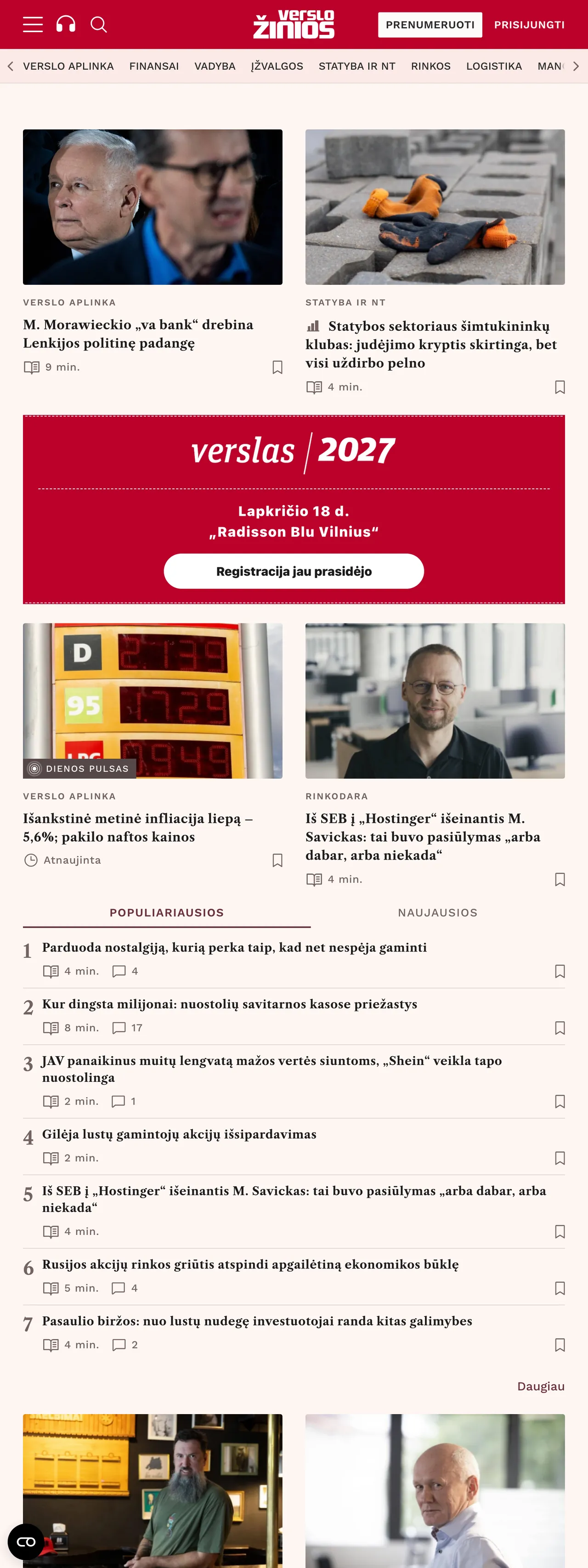 Screenshot of the Verslo žinios front page