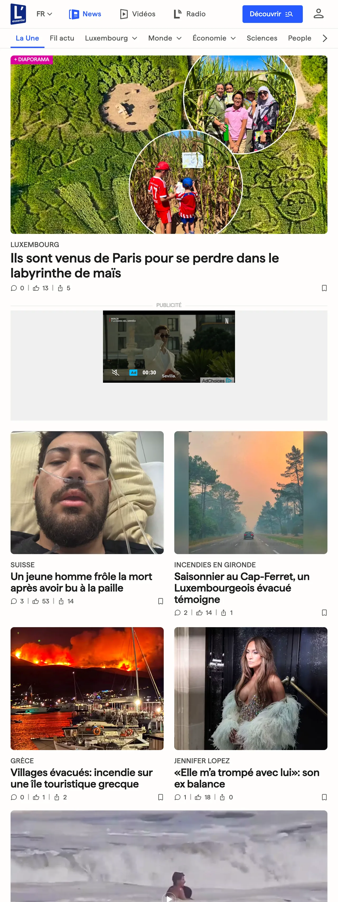 Screenshot of the L'essentiel front page