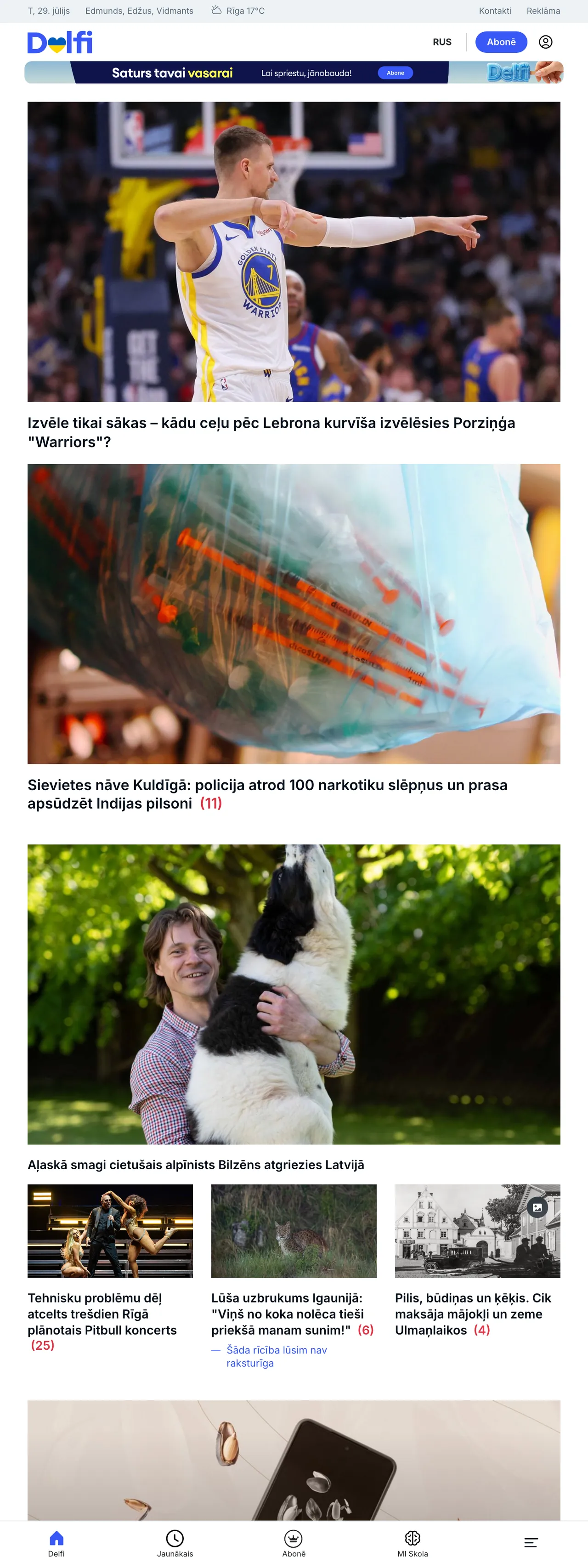 Screenshot of the Delfi front page