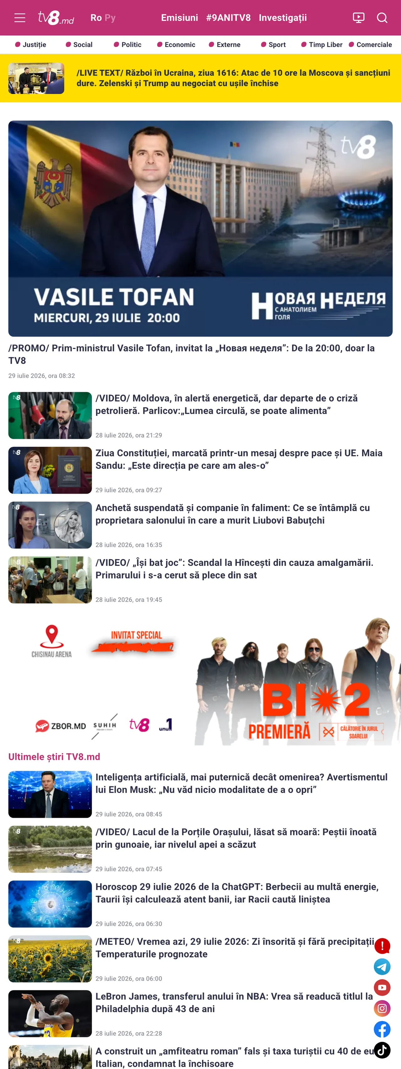 Screenshot of the TV8 front page