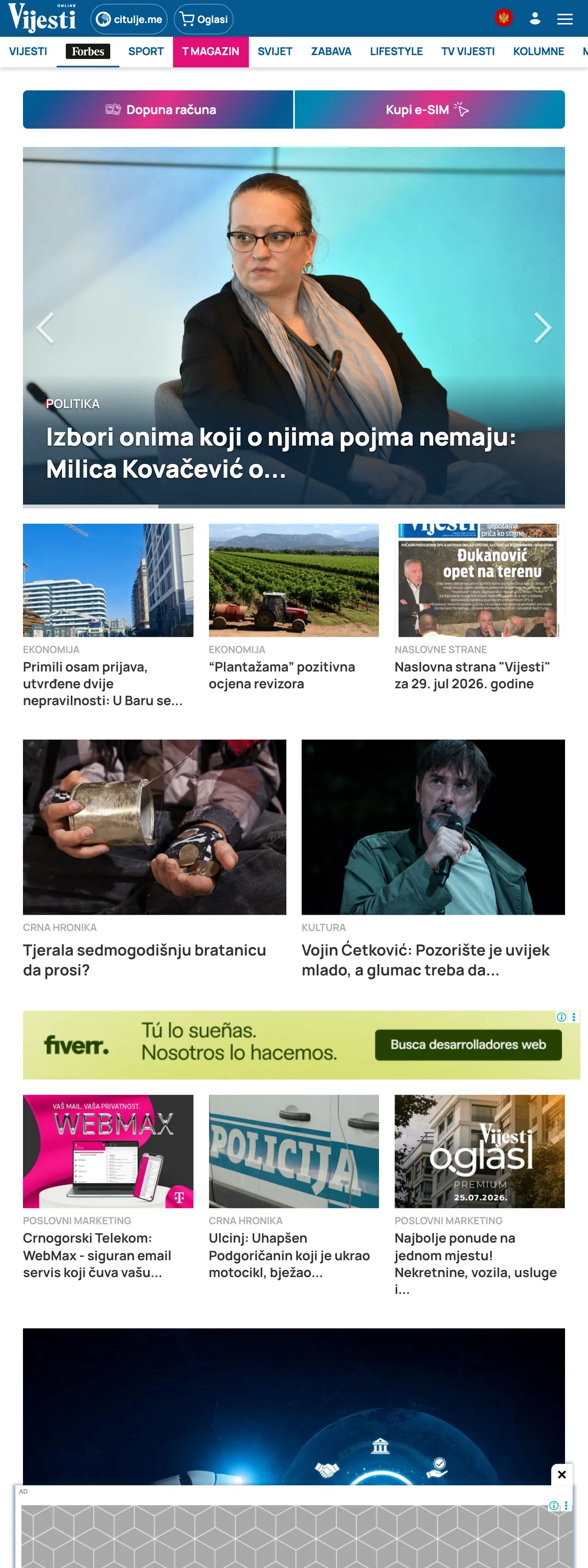 Screenshot of the Vijesti front page