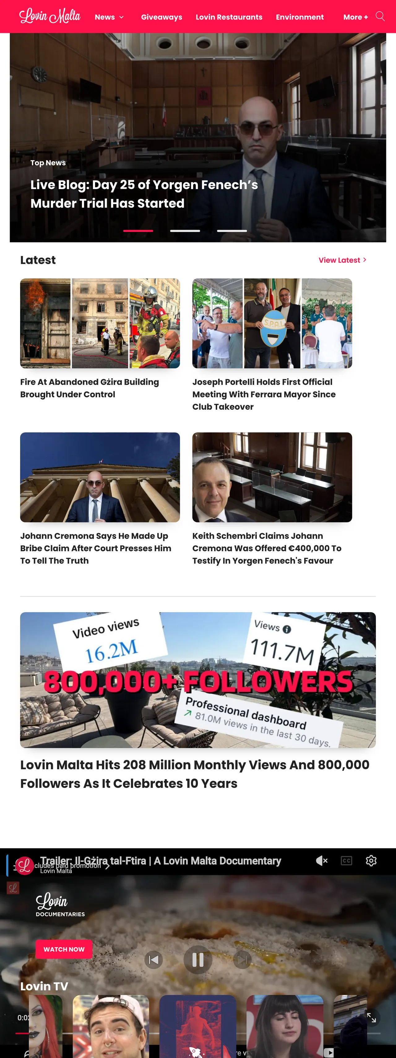 Screenshot of the Lovin Malta front page