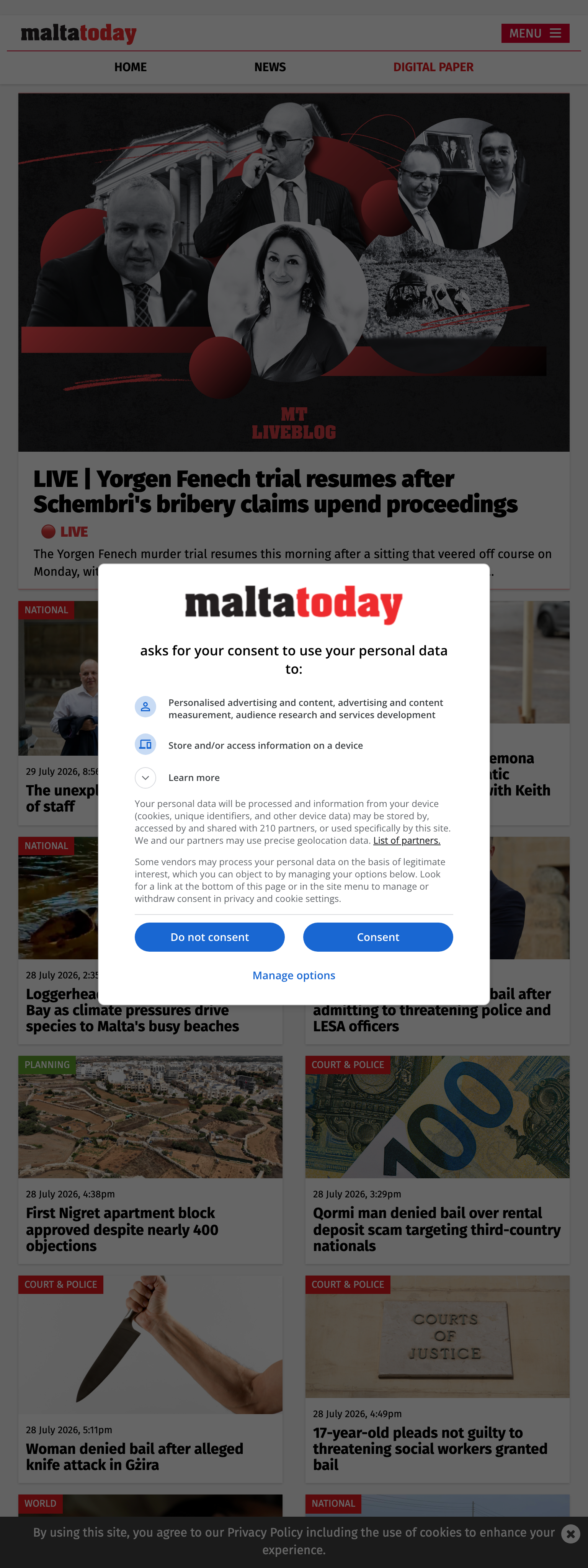 Screenshot of the Malta Today front page