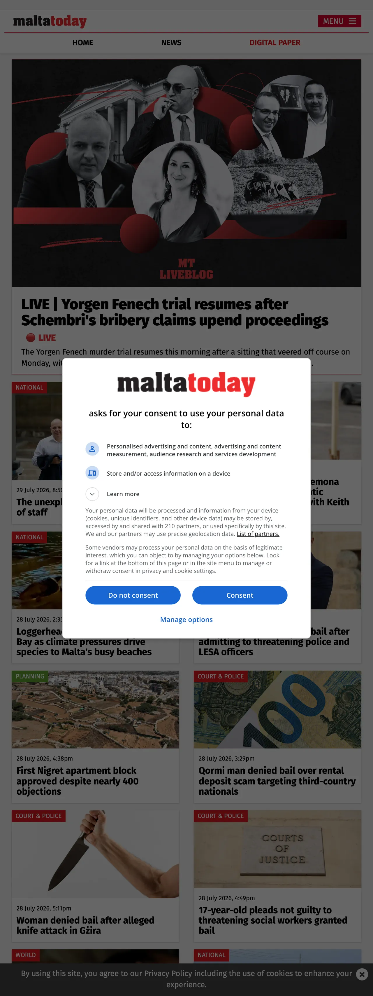 Screenshot of the Malta Today front page