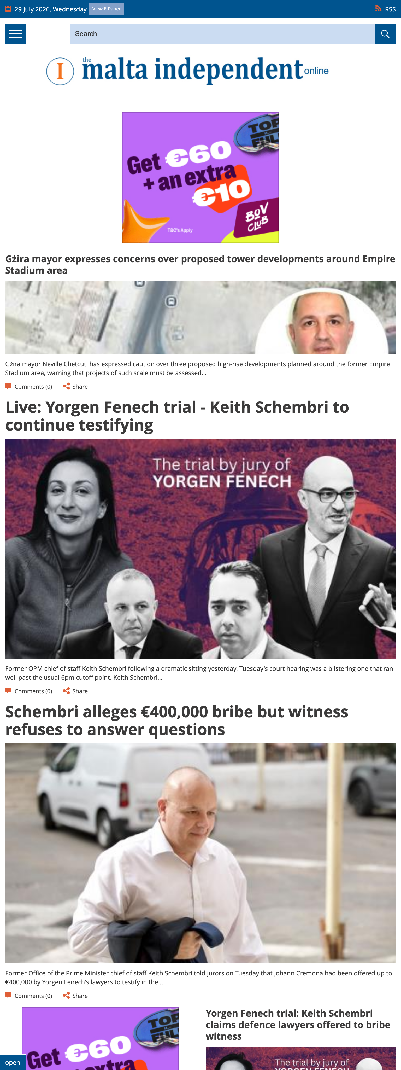 Screenshot of the The Malta Independent front page