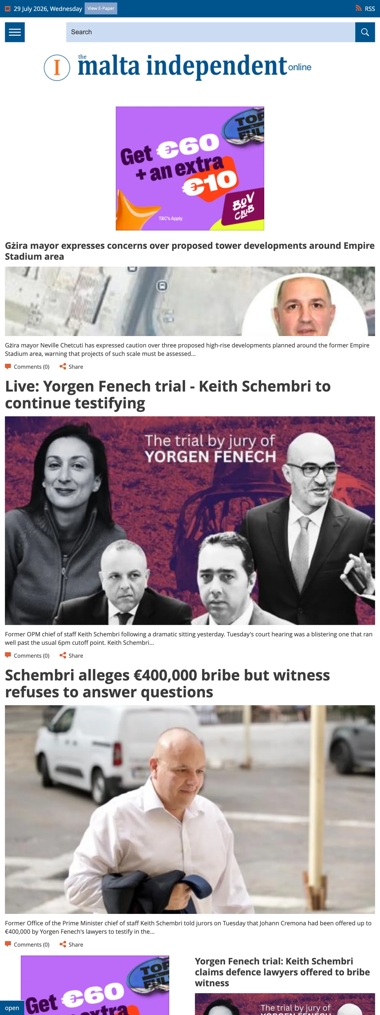 Screenshot of the The Malta Independent front page