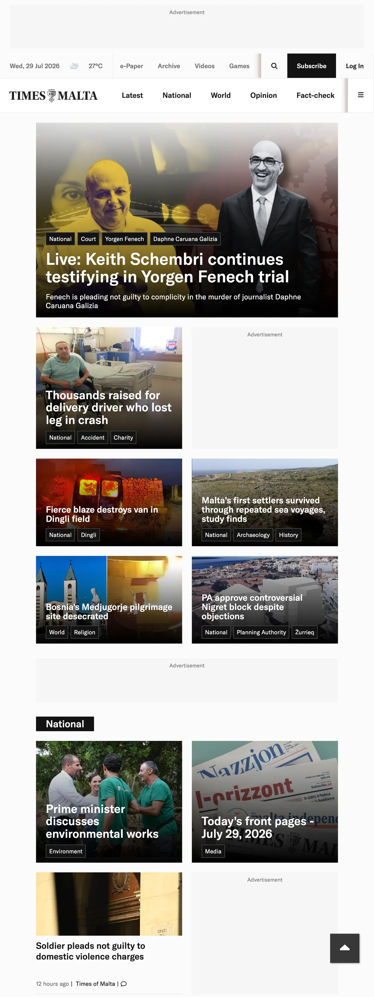 Screenshot of the Times of Malta front page