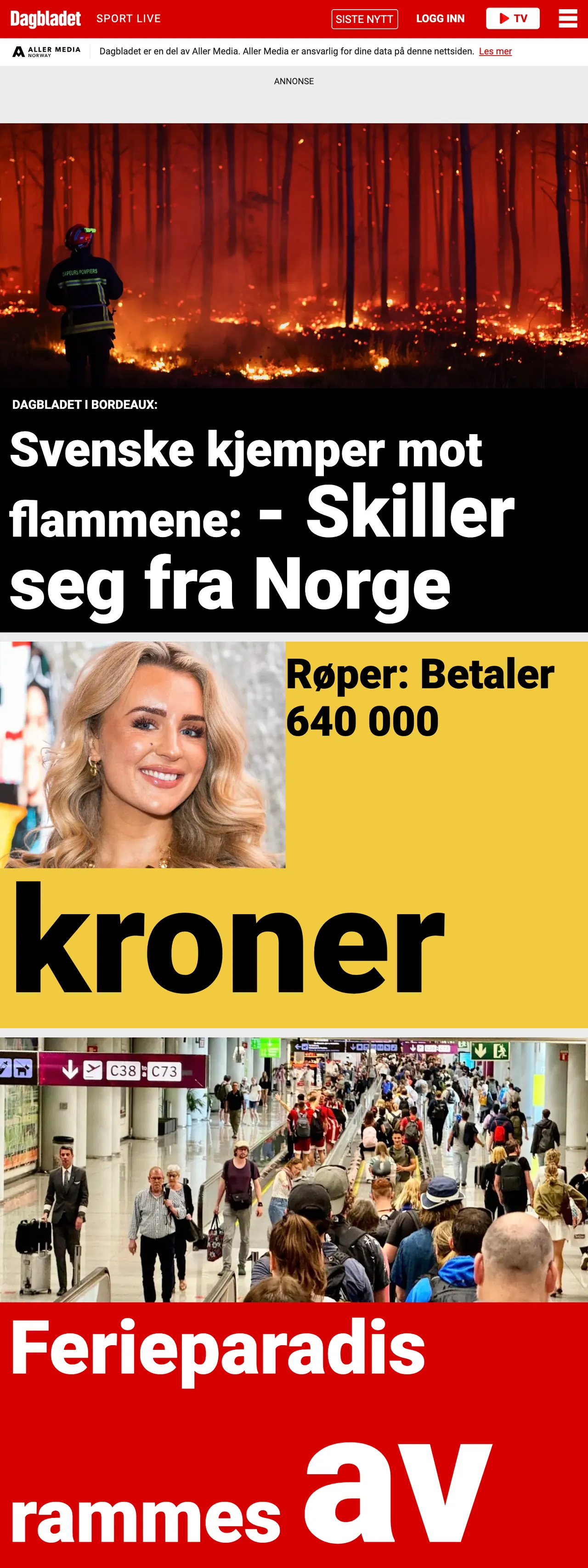 Screenshot of the Dagbladet front page