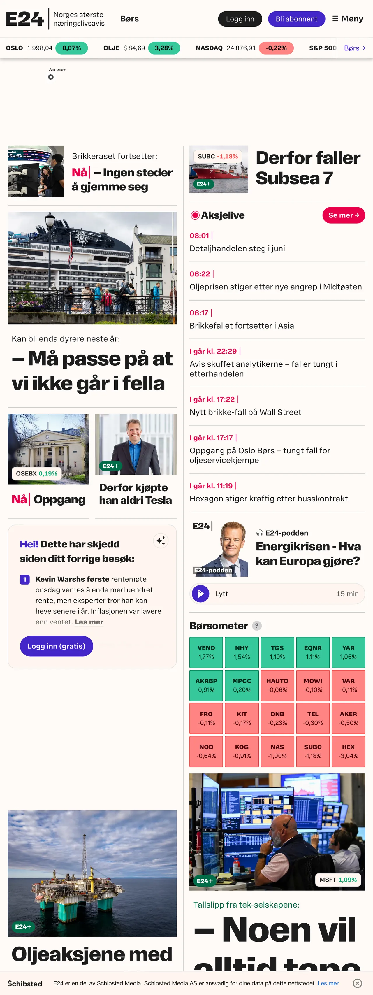 Screenshot of the E24 front page