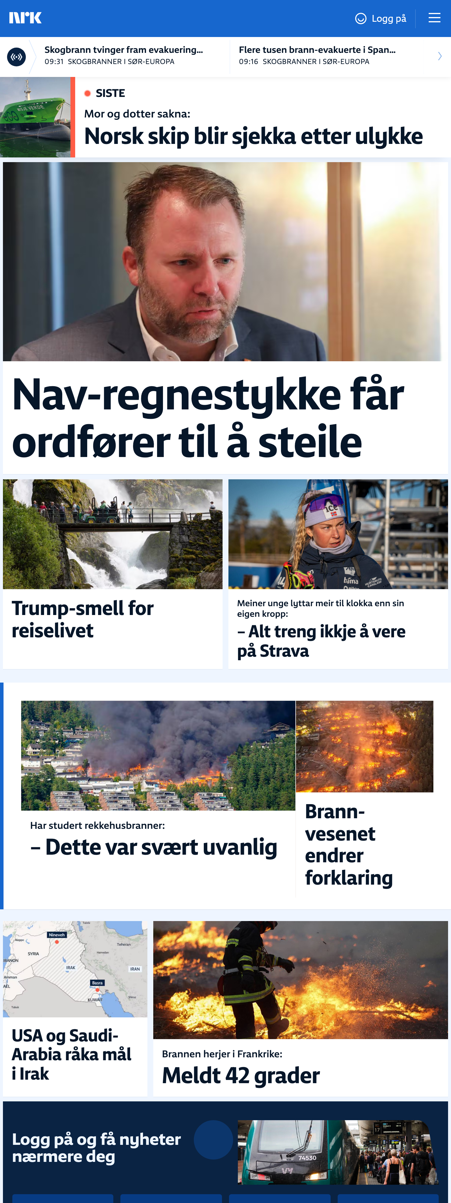 Screenshot of the NRK front page